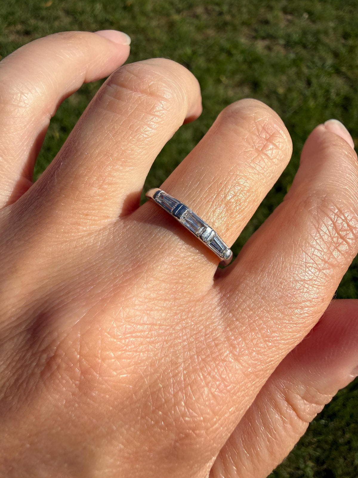Vintage Art Deco East West Baguette Diamond Three Stone Ring Platinum Skinny Stacker Beveled Stacker