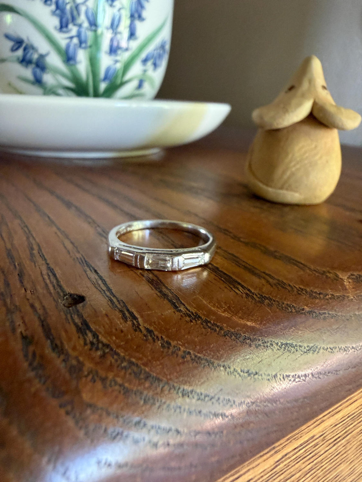 Vintage Art Deco East West Baguette Diamond Three Stone Ring Platinum Skinny Stacker Beveled Stacker
