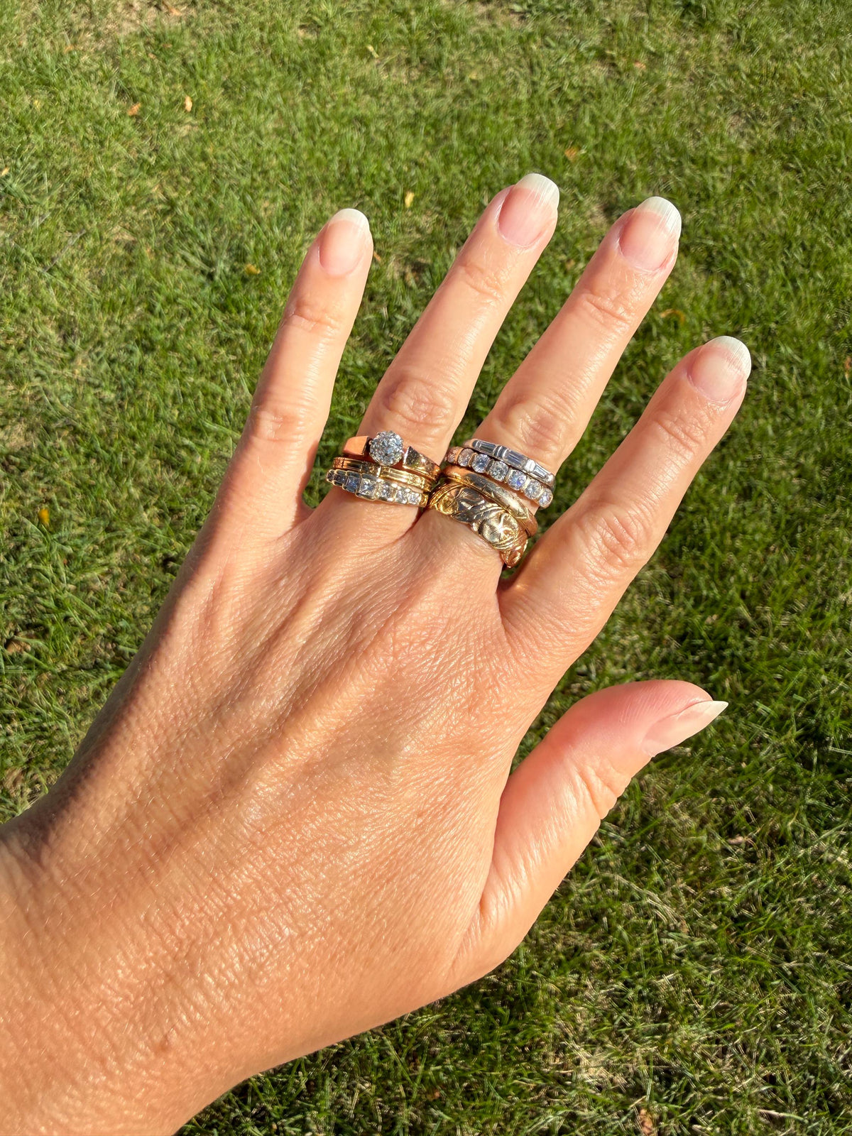 Vintage Art Deco East West Baguette Diamond Three Stone Ring Platinum Skinny Stacker Beveled Stacker