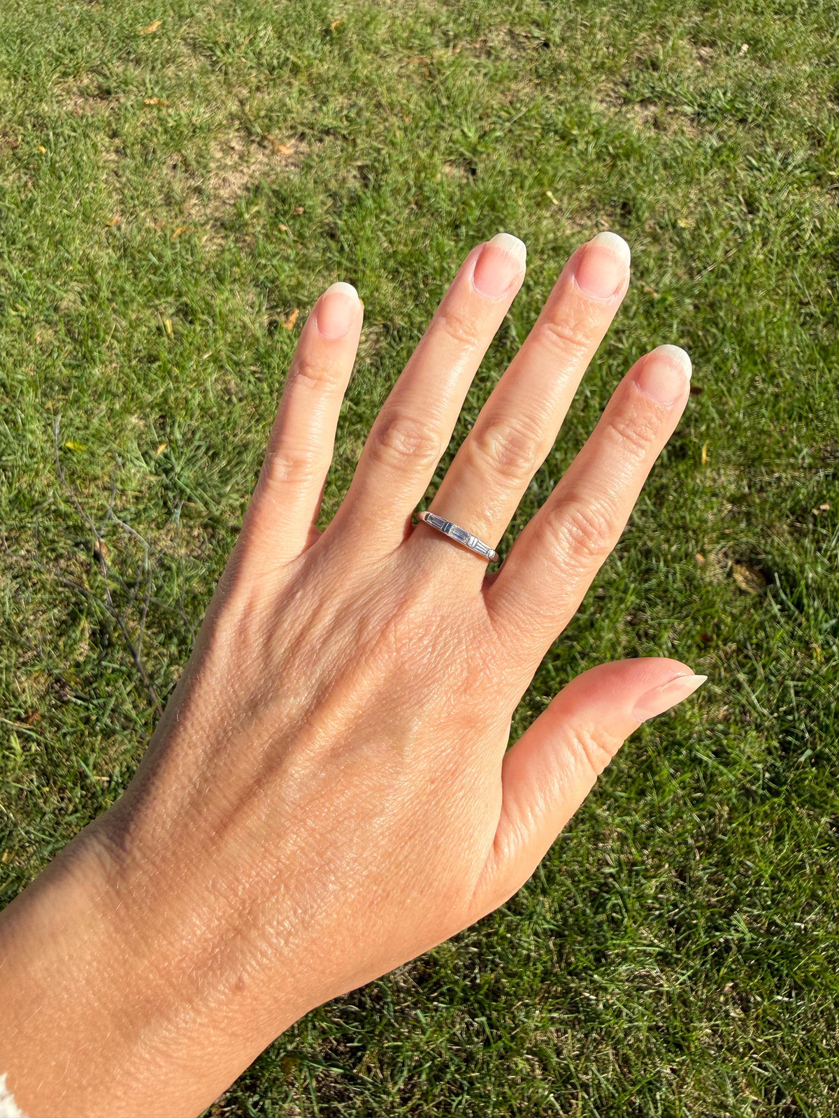 Vintage Art Deco East West Baguette Diamond Three Stone Ring Platinum Skinny Stacker Beveled Stacker