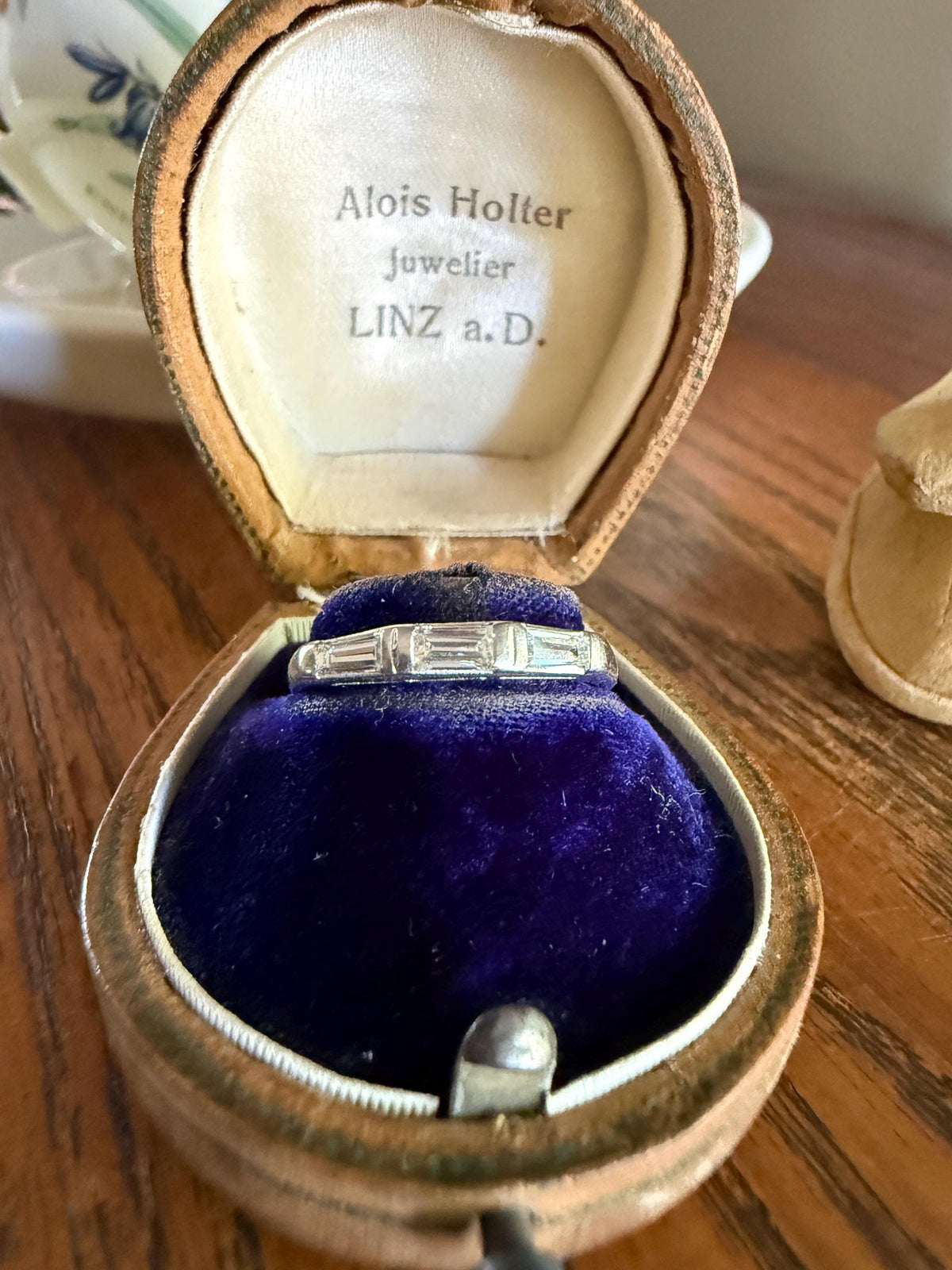 Vintage Art Deco East West Baguette Diamond Three Stone Ring Platinum Skinny Stacker Beveled Stacker