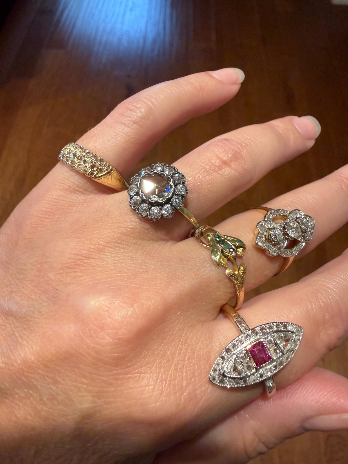 Antique 21 Natural Old Rose Cut DIAMONDS Angled GRID Triple Row Cobblestone 18k Gold Ring Stacker Pave Encrusted Wide Band Sparkle