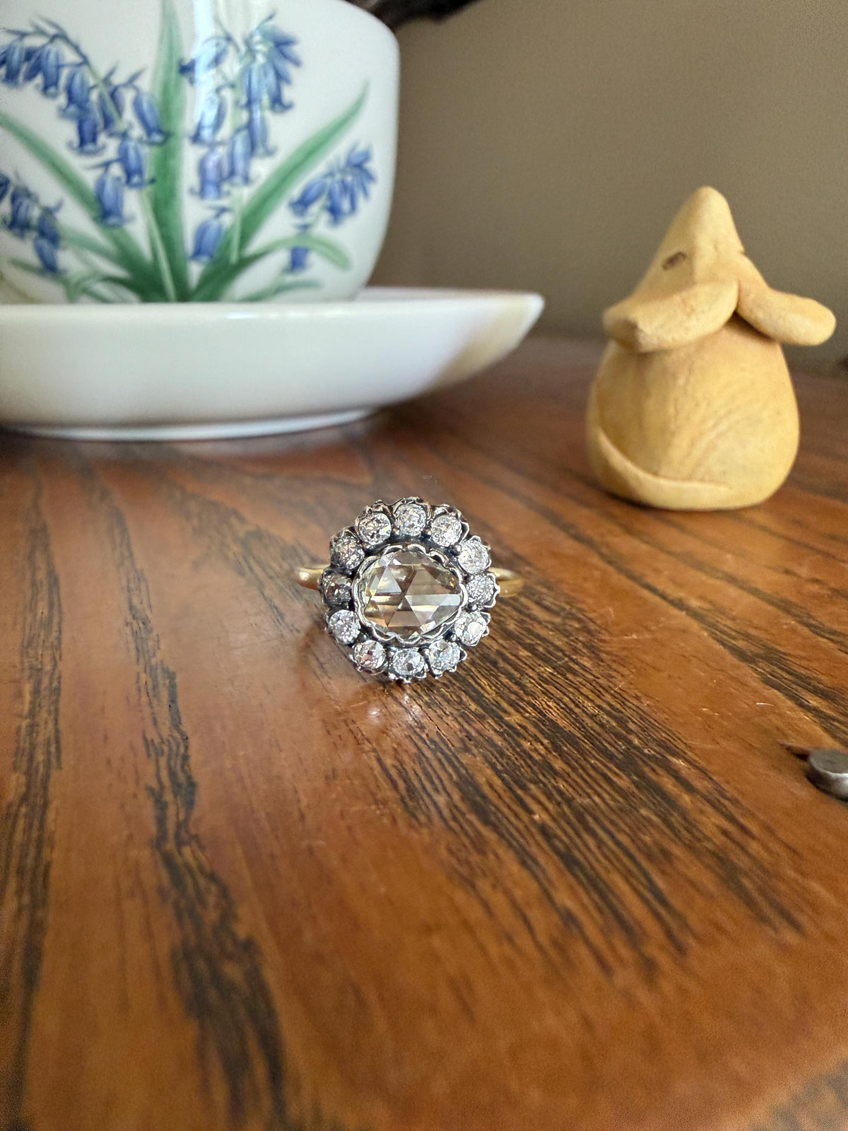 Antique Old Mine & Eye Clean Rose Cut Diamond Daisy Cluster Ring 18k Silver French Edwardian Disco Ball Halo Scalloped Stacker
