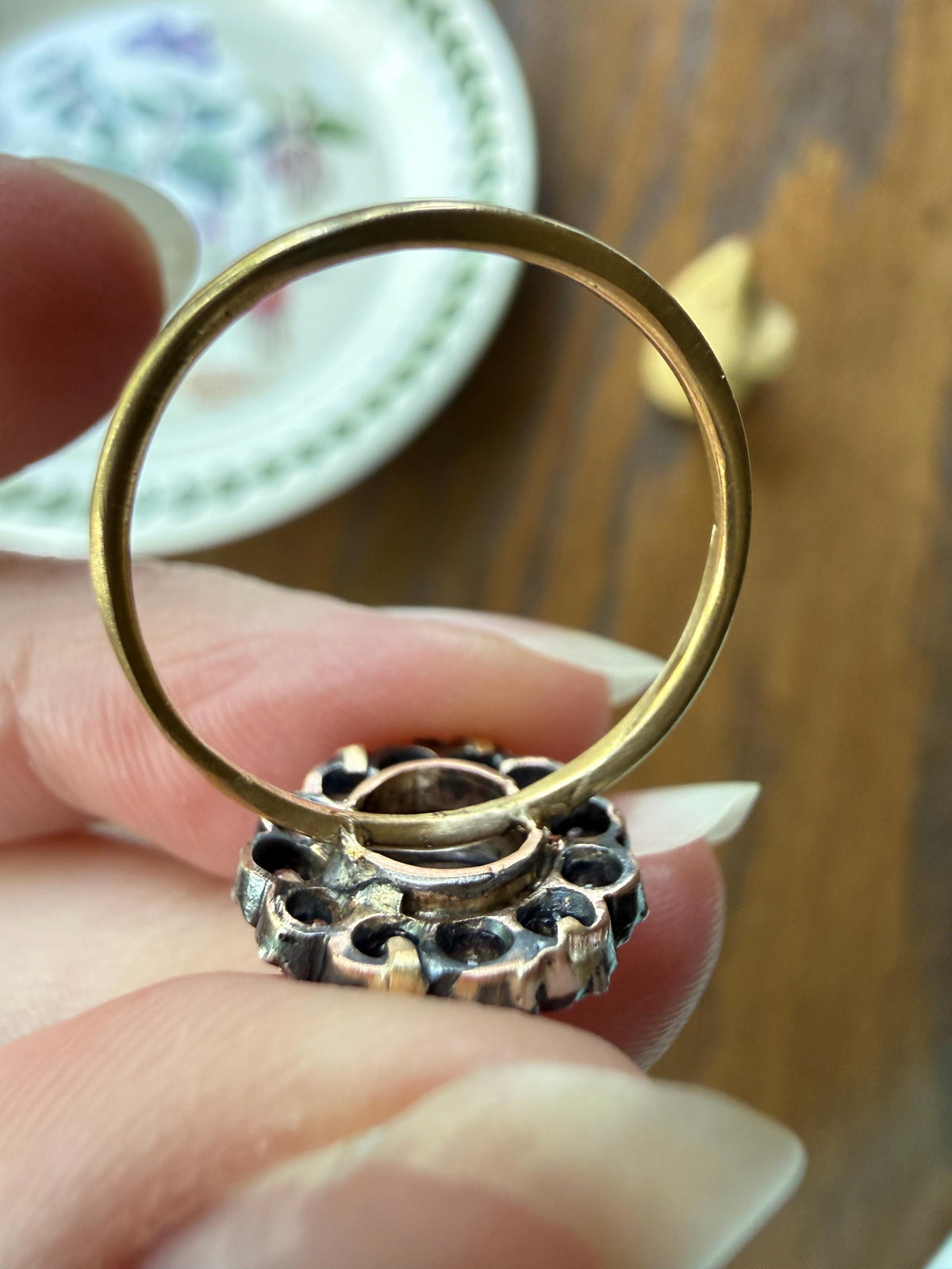 Antique Old Mine & Eye Clean Rose Cut Diamond Daisy Cluster Ring 18k Silver French Edwardian Disco Ball Halo Scalloped Stacker
