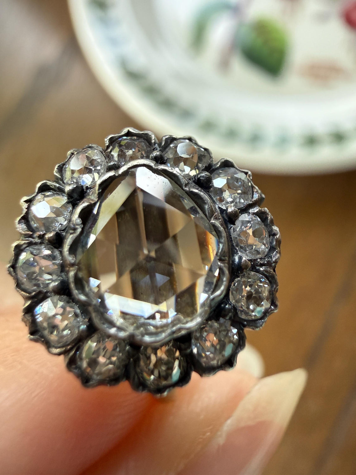 Antique Old Mine & Eye Clean Rose Cut Diamond Daisy Cluster Ring 18k Silver French Edwardian Disco Ball Halo Scalloped Stacker