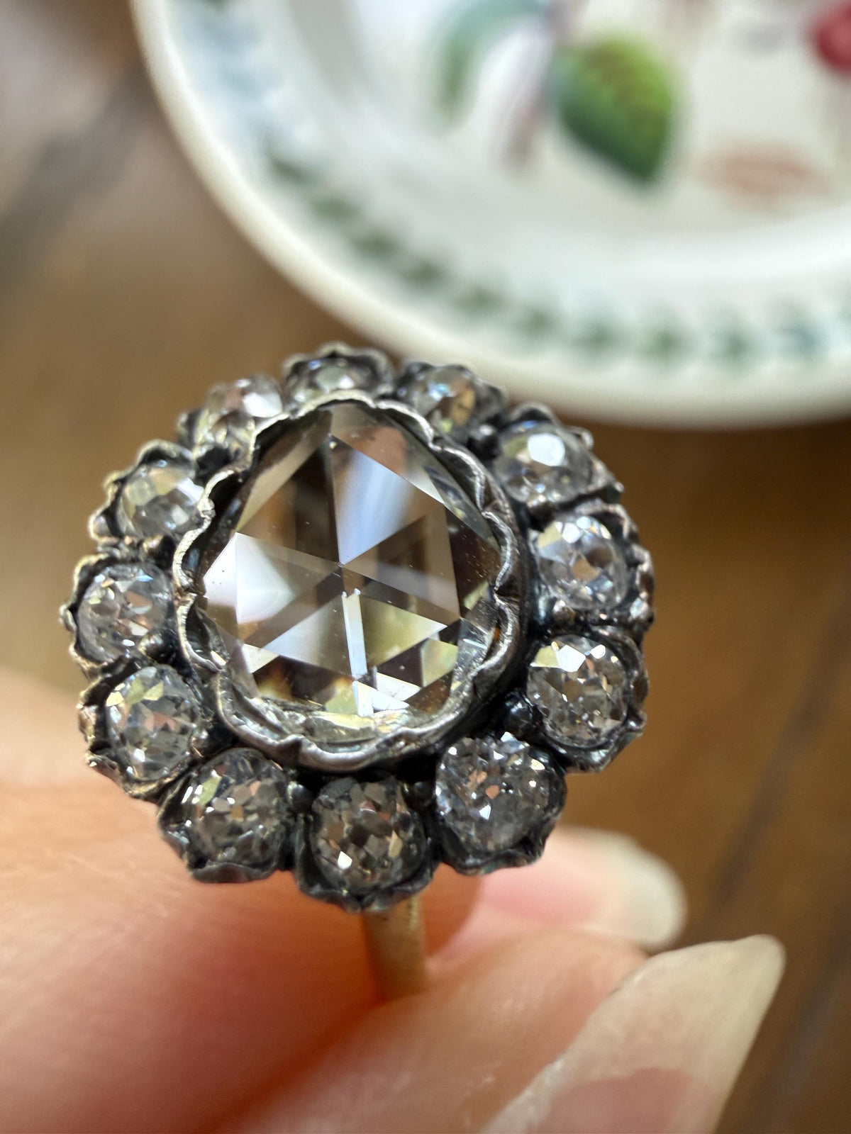 Antique Old Mine & Eye Clean Rose Cut Diamond Daisy Cluster Ring 18k Silver French Edwardian Disco Ball Halo Scalloped Stacker