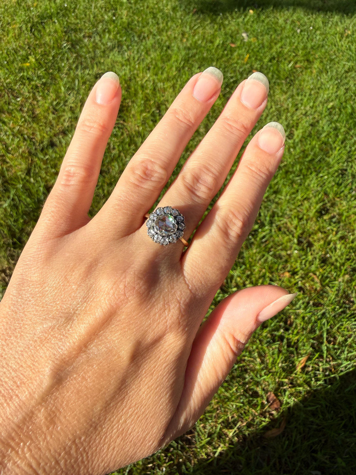 Antique Old Mine & Eye Clean Rose Cut Diamond Daisy Cluster Ring 18k Silver French Edwardian Disco Ball Halo Scalloped Stacker