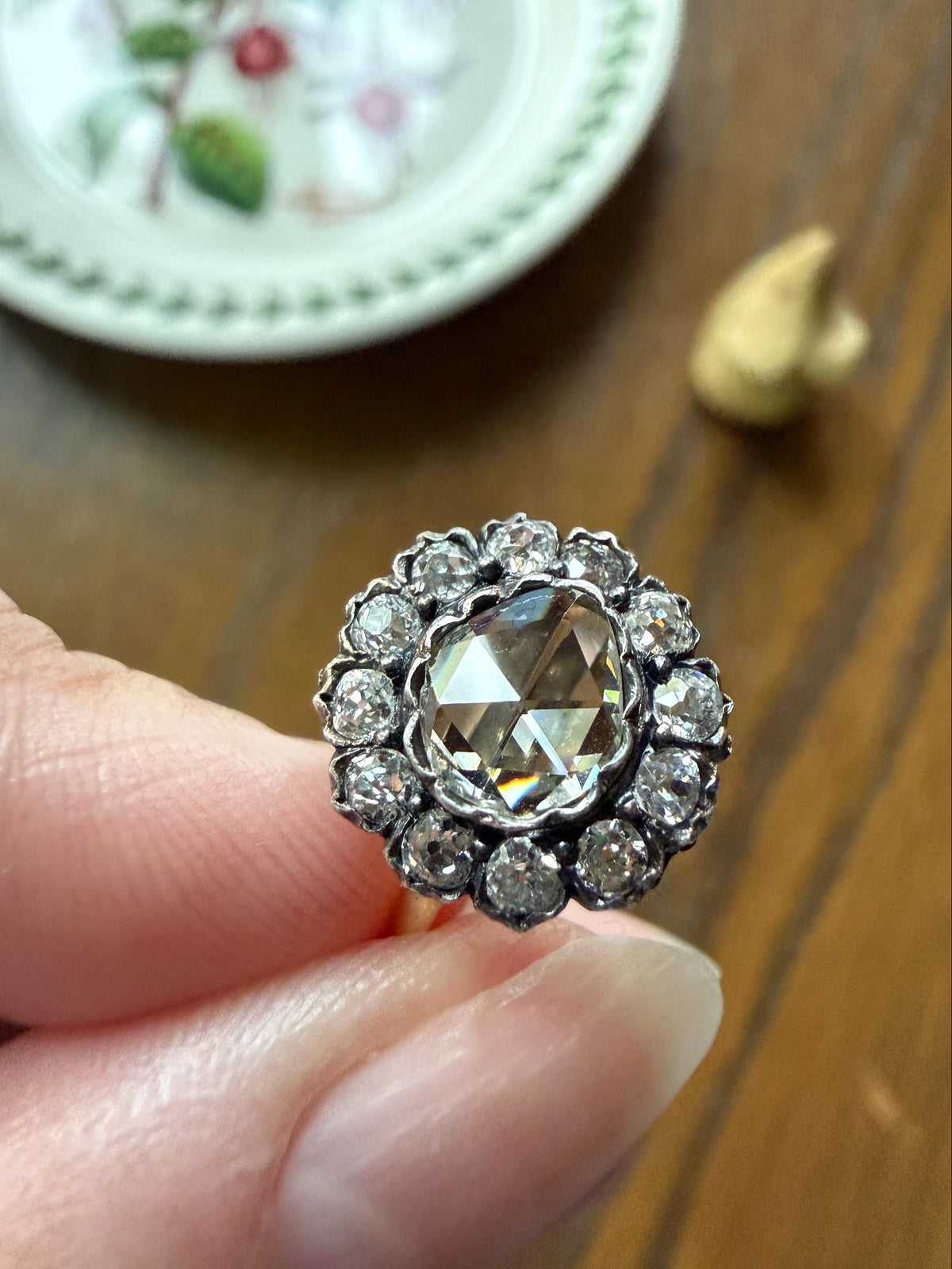 Antique Old Mine & Eye Clean Rose Cut Diamond Daisy Cluster Ring 18k Silver French Edwardian Disco Ball Halo Scalloped Stacker