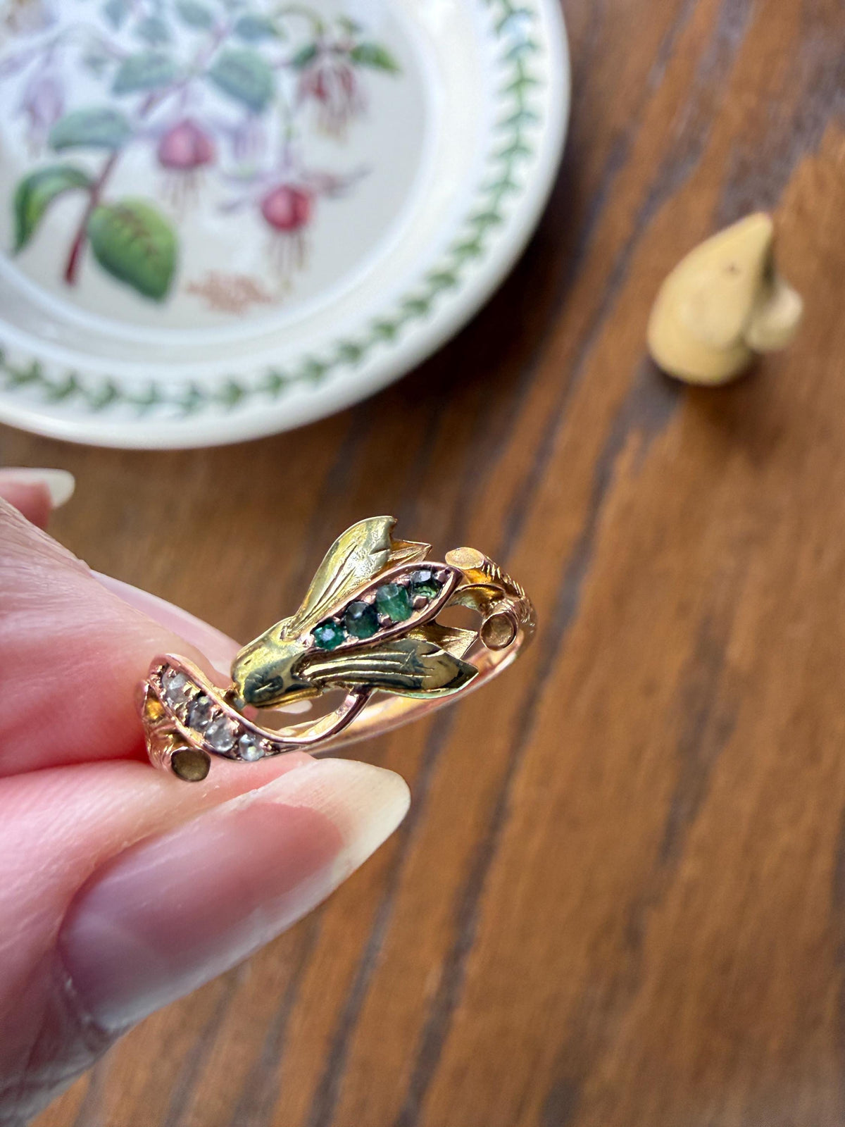 Rare French Antique Art Nouveau Floral 3D Cyclamen Ring 18k Tricolor Rose & Green Gold Emerald Rose Cut Diamonds Figural Stacker Band