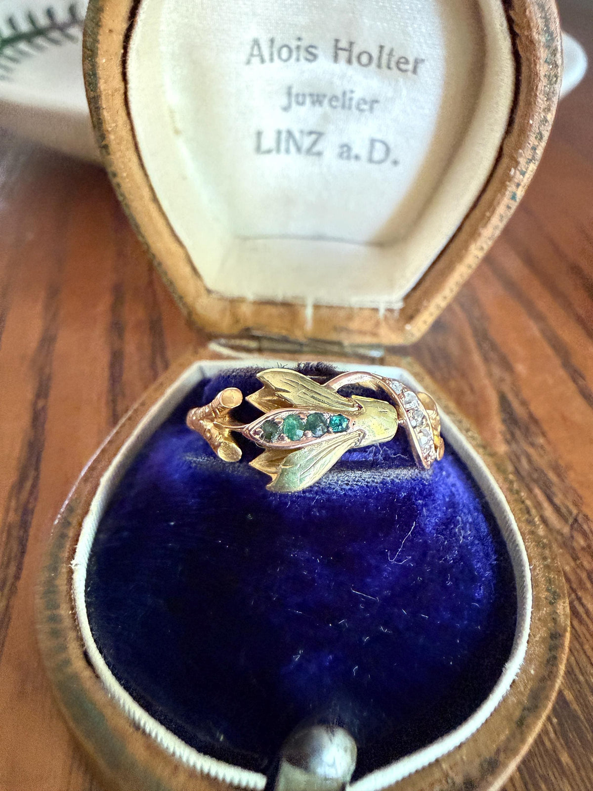 Rare French Antique Art Nouveau Floral 3D Cyclamen Ring 18k Tricolor Rose & Green Gold Emerald Rose Cut Diamonds Figural Stacker Band