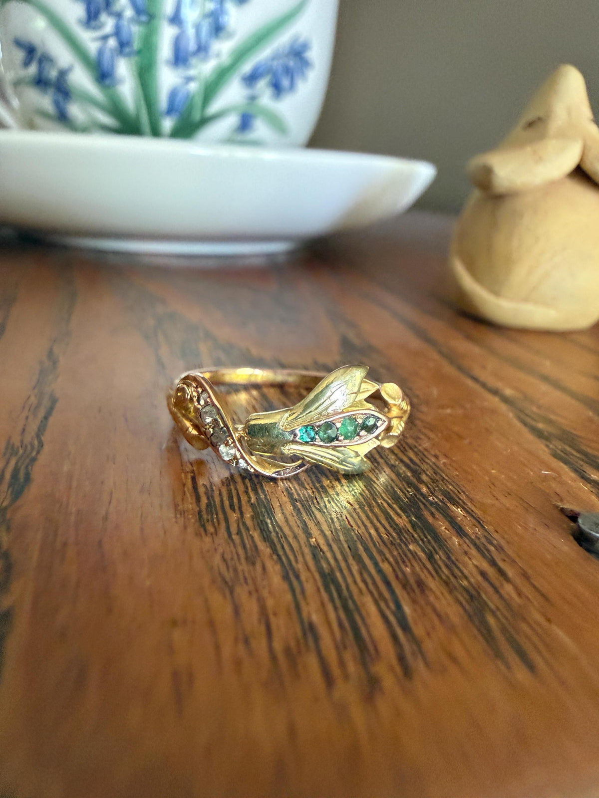 Rare French Antique Art Nouveau Floral 3D Cyclamen Ring 18k Tricolor Rose & Green Gold Emerald Rose Cut Diamonds Figural Stacker Band