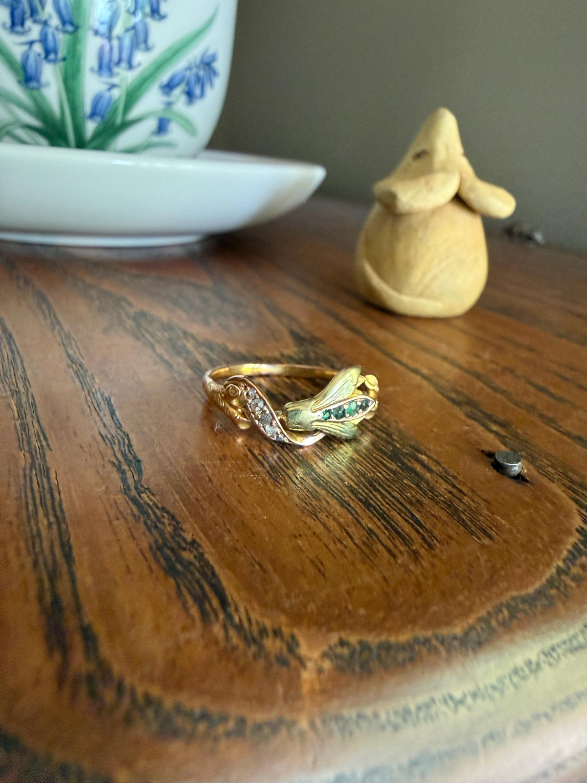 Rare French Antique Art Nouveau Floral 3D Cyclamen Ring 18k Tricolor Rose & Green Gold Emerald Rose Cut Diamonds Figural Stacker Band
