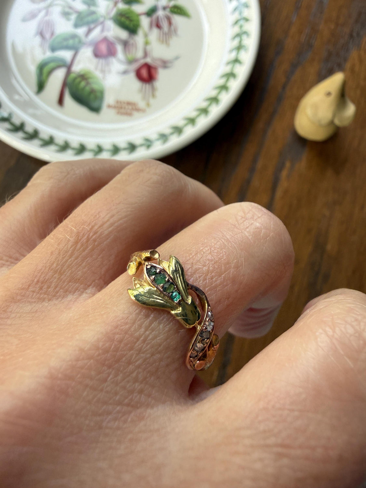 Rare French Antique Art Nouveau Floral 3D Cyclamen Ring 18k Tricolor Rose & Green Gold Emerald Rose Cut Diamonds Figural Stacker Band
