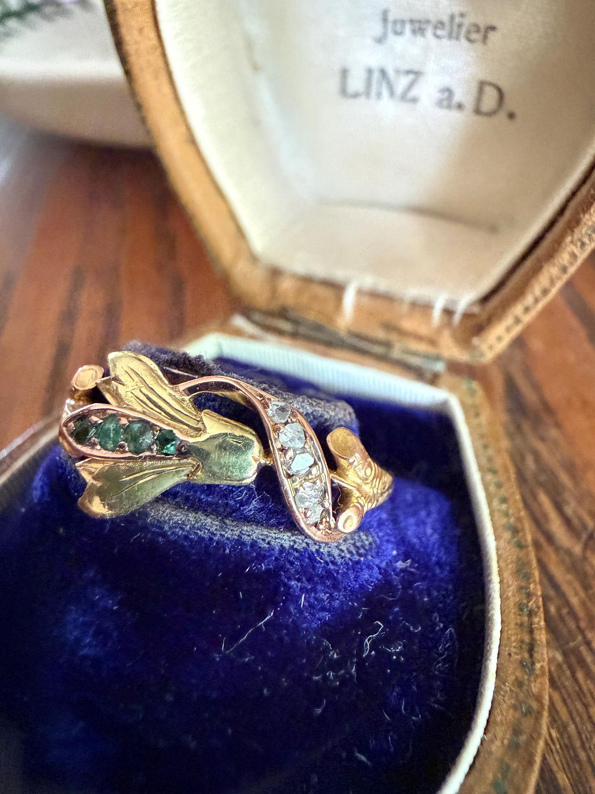 Rare French Antique Art Nouveau Floral 3D Cyclamen Ring 18k Tricolor Rose & Green Gold Emerald Rose Cut Diamonds Figural Stacker Band