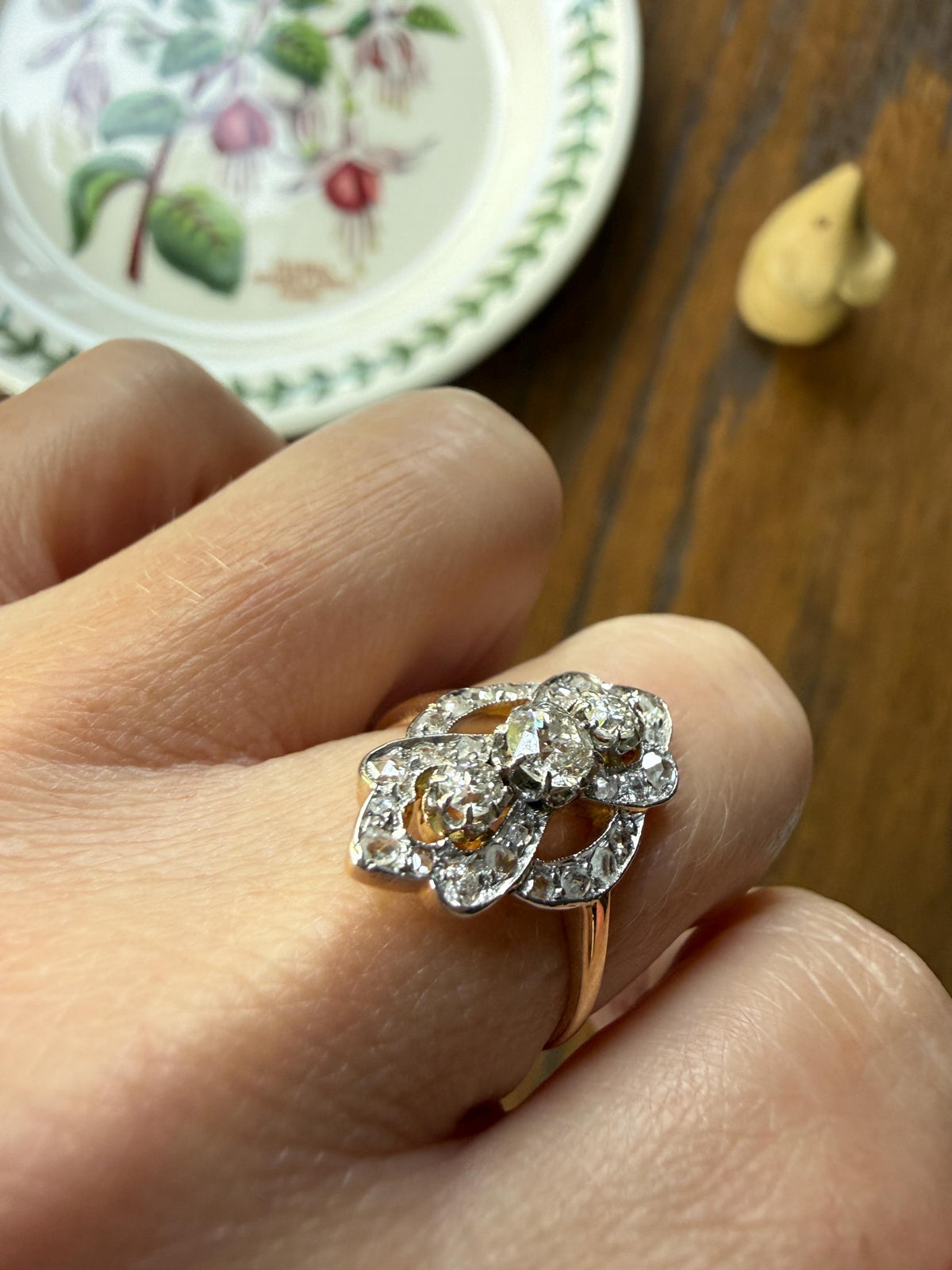 French Antique Belle Epoque Scrolled Shield Ring 1.3 Carats Natural Old Mine Rose Cut Diamond Ornate Art Nouveau 18k Gold Victorian