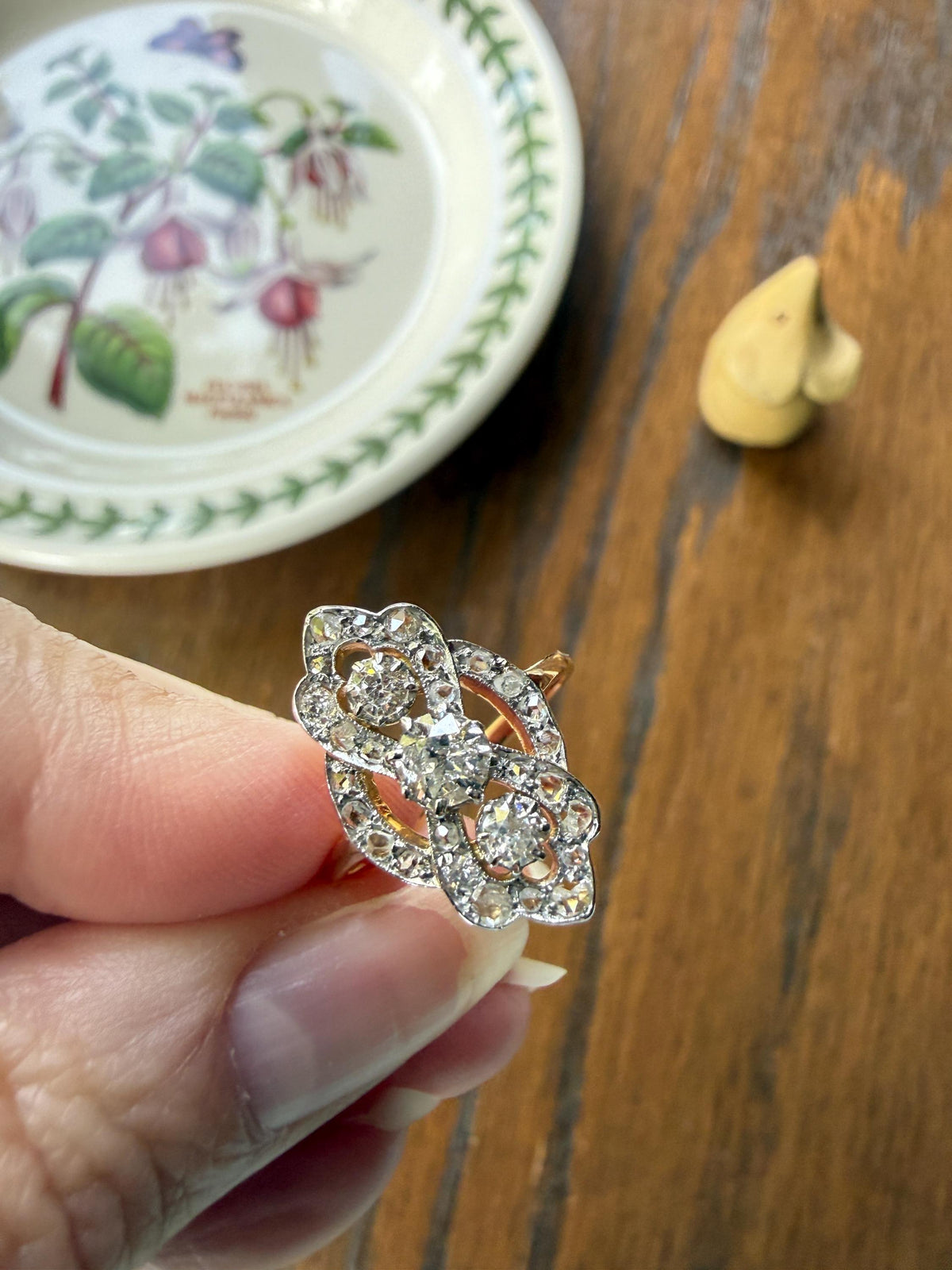 French Antique Belle Epoque Scrolled Shield Ring 1.3 Carats Natural Old Mine Rose Cut Diamond Ornate Art Nouveau 18k Gold Victorian