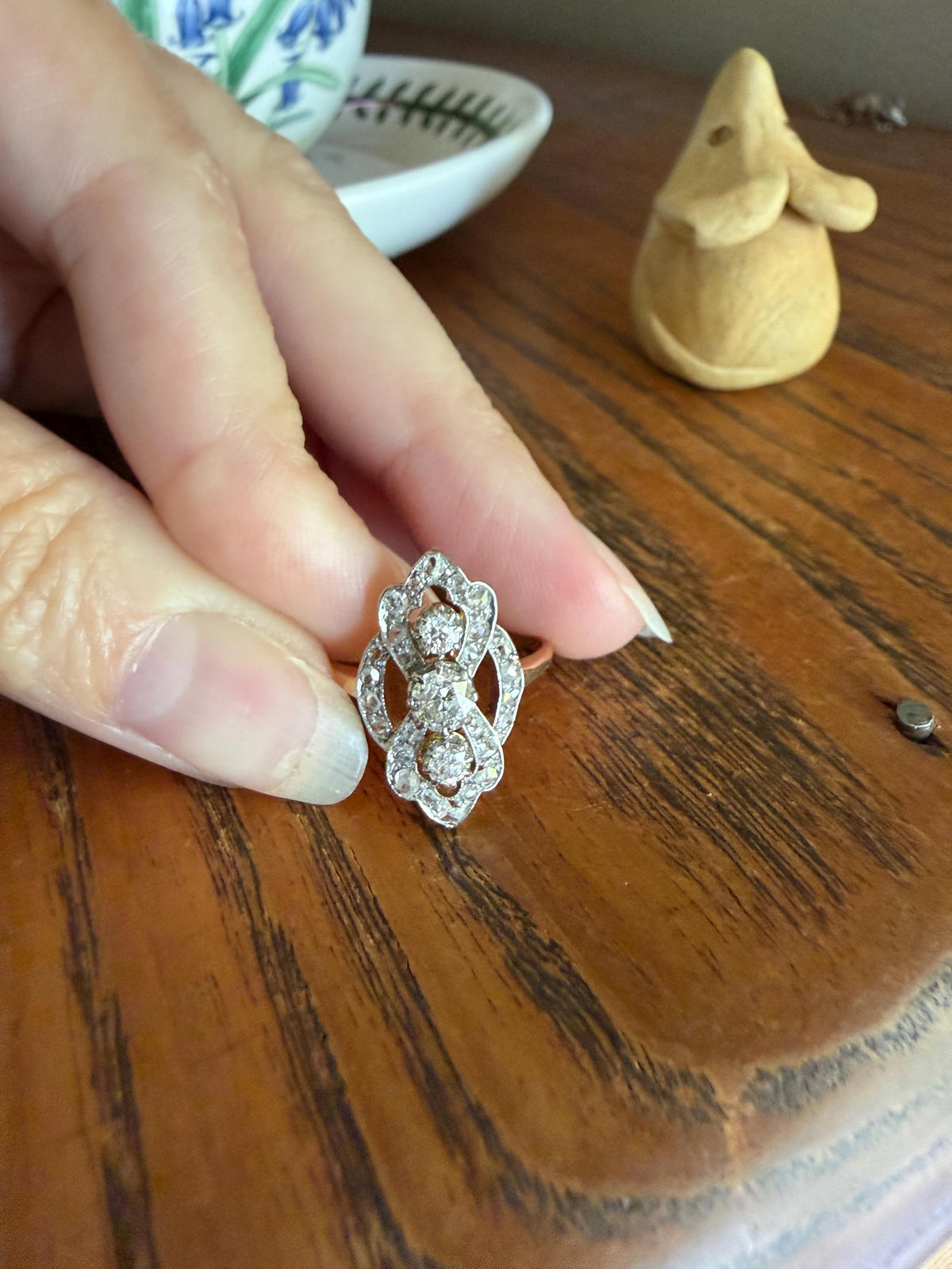 French Antique Belle Epoque Scrolled Shield Ring 1.3 Carats Natural Old Mine Rose Cut Diamond Ornate Art Nouveau 18k Gold Victorian