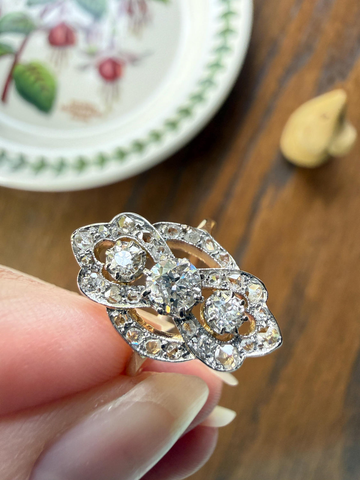 French Antique Belle Epoque Scrolled Shield Ring 1.3 Carats Natural Old Mine Rose Cut Diamond Ornate Art Nouveau 18k Gold Victorian