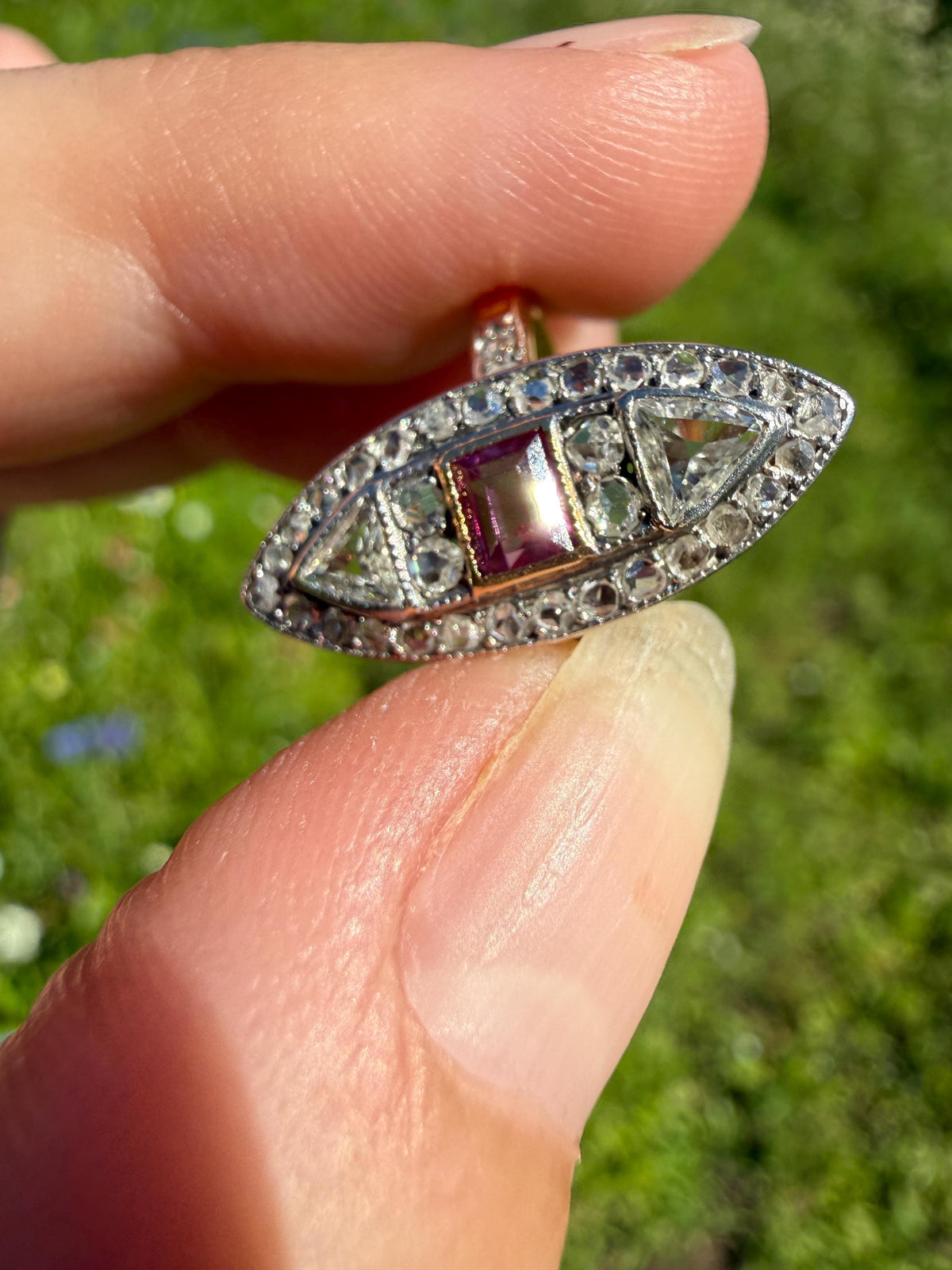 Unique French Antique 1.1 Carat Tdw TRIANGLE Old Cut Diamond Ruby and Rose Cut Navette Ring 18k Gold Triangular Trillion