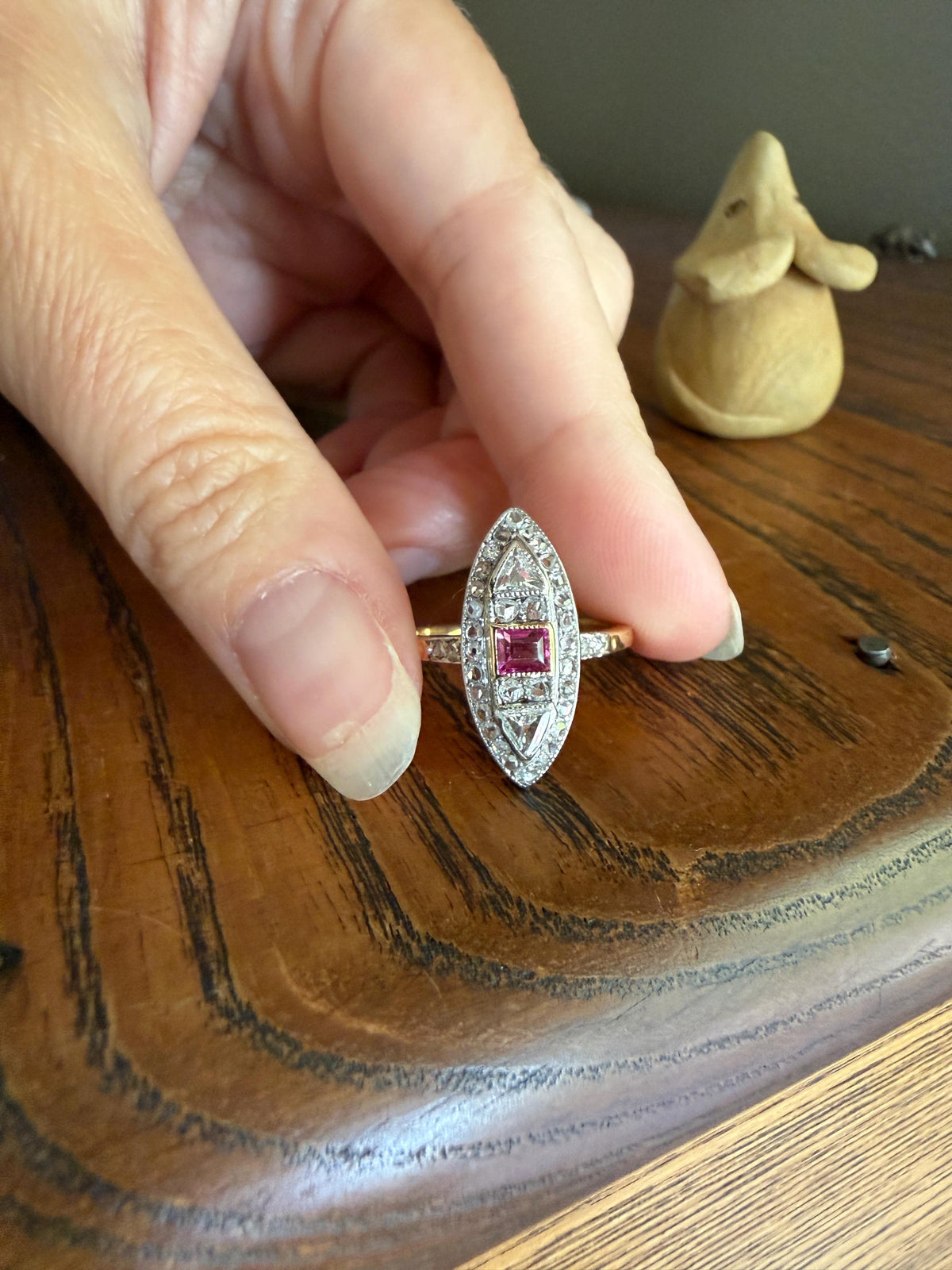 Unique French Antique 1.1 Carat Tdw TRIANGLE Old Cut Diamond Ruby and Rose Cut Navette Ring 18k Gold Triangular Trillion