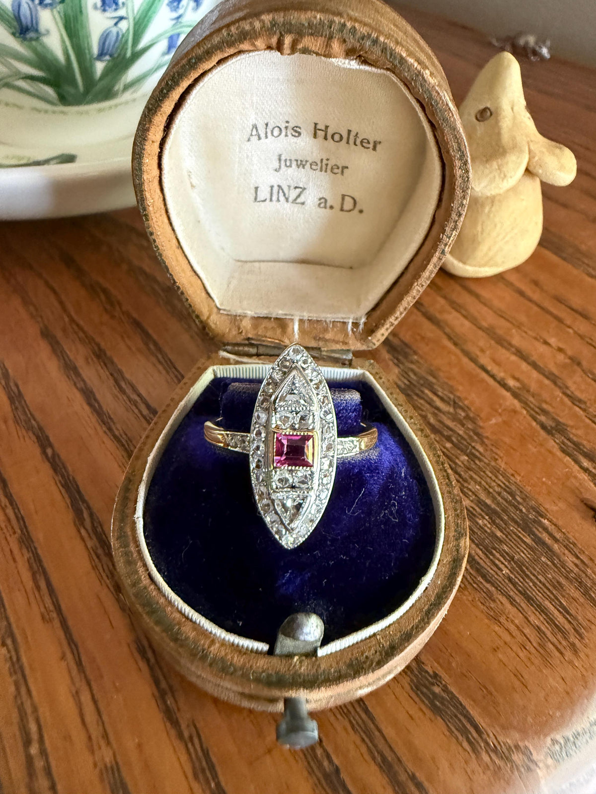 Unique French Antique 1.1 Carat Tdw TRIANGLE Old Cut Diamond Ruby and Rose Cut Navette Ring 18k Gold Triangular Trillion