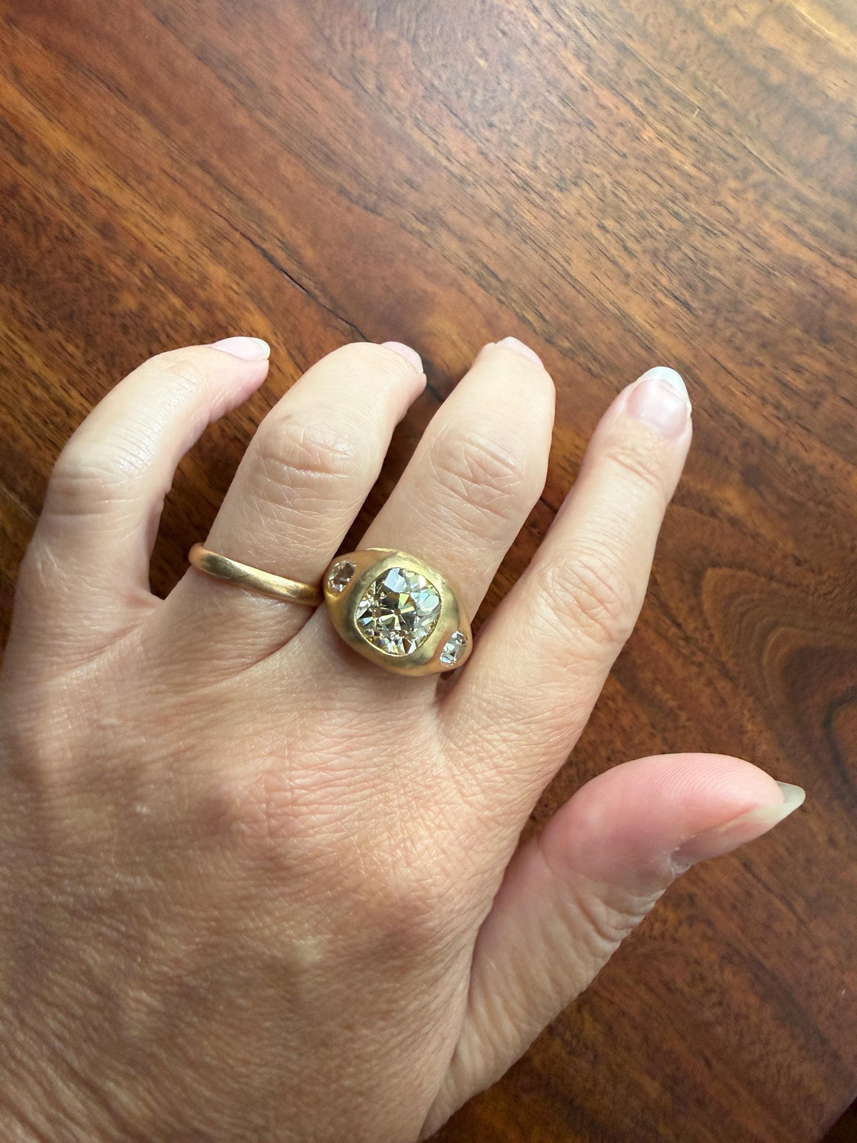 HEAVY 5.2 Carats Eye Clean Natural Antique Old Mine Cut Diamond Three Stone Gypsy Ring 14.5g 18k Gold Matte Band Stacker Man Unisex Chunky