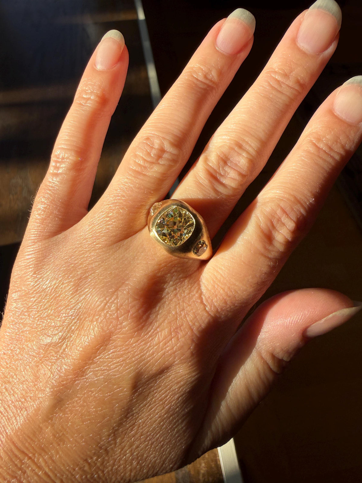 HEAVY 5.2 Carats Eye Clean Natural Antique Old Mine Cut Diamond Three Stone Gypsy Ring 14.5g 18k Gold Matte Band Stacker Man Unisex Chunky