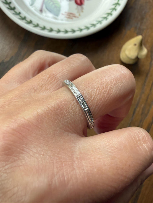 Antique Art Deco 1 Carat PLATINUM Natural Baguette and Old Single Cut Diamond Eternity Ring Skinny Stacker Beveled Channel Set Wedding Band