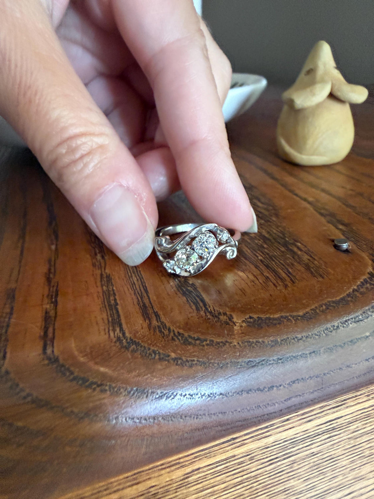 Vintage .8 Carat Tdw Old Mine Old European Cut Diamond SWIRL Ring 14k White Gold Ornate Scrolled Band Art Deco Stacker Toi et Moi