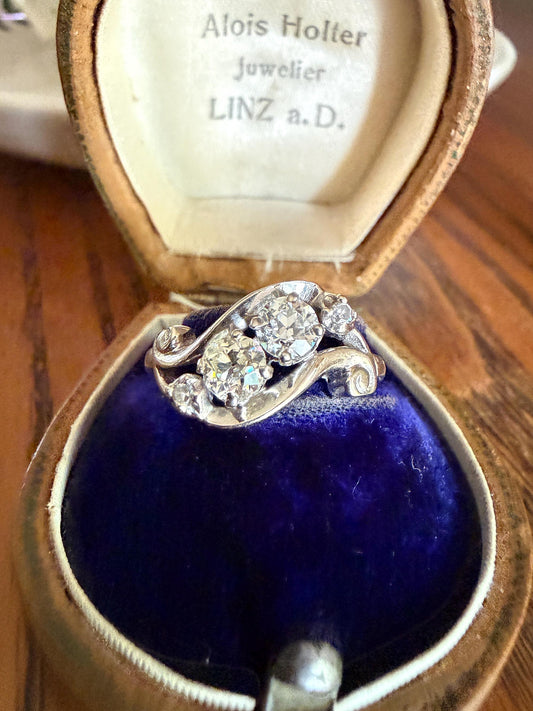 Vintage .8 Carat Tdw Old Mine Old European Cut Diamond SWIRL Ring 14k White Gold Ornate Scrolled Band Art Deco Stacker Toi et Moi