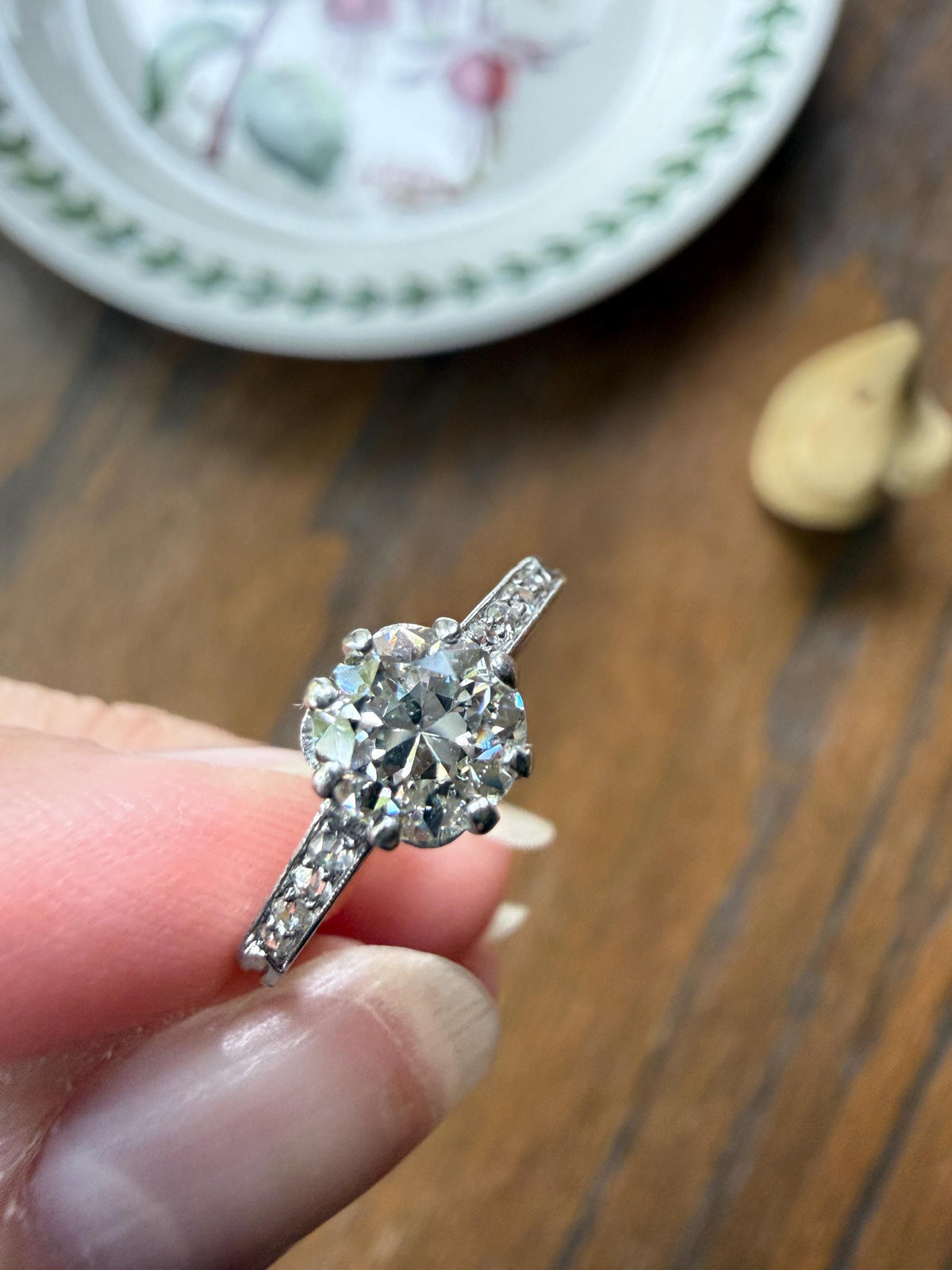 Vintage 0.88 Carat Transitional Cut Natural DIAMOND Ring 1Ctw French Platinum Solitaire w Accents Art Deco Engraved Stacker Band Engagement