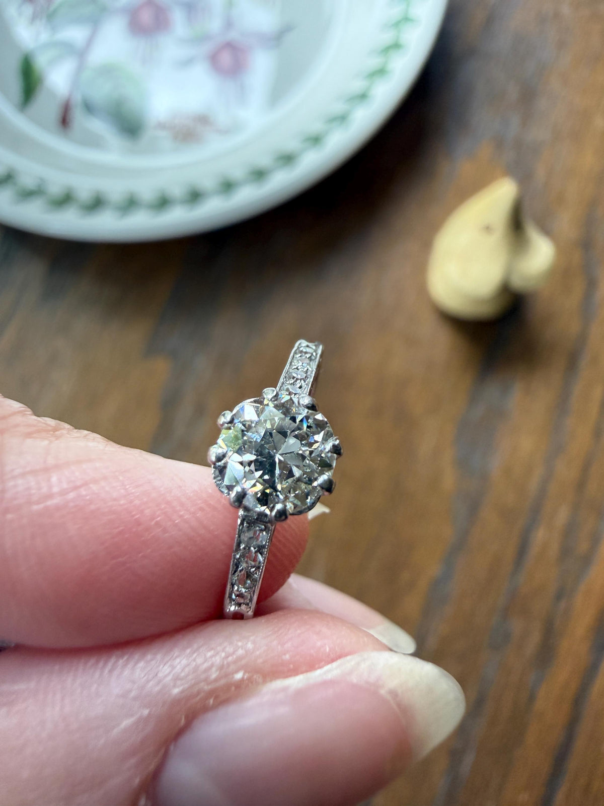 Vintage 0.88 Carat Transitional Cut Natural DIAMOND Ring 1Ctw French Platinum Solitaire w Accents Art Deco Engraved Stacker Band Engagement