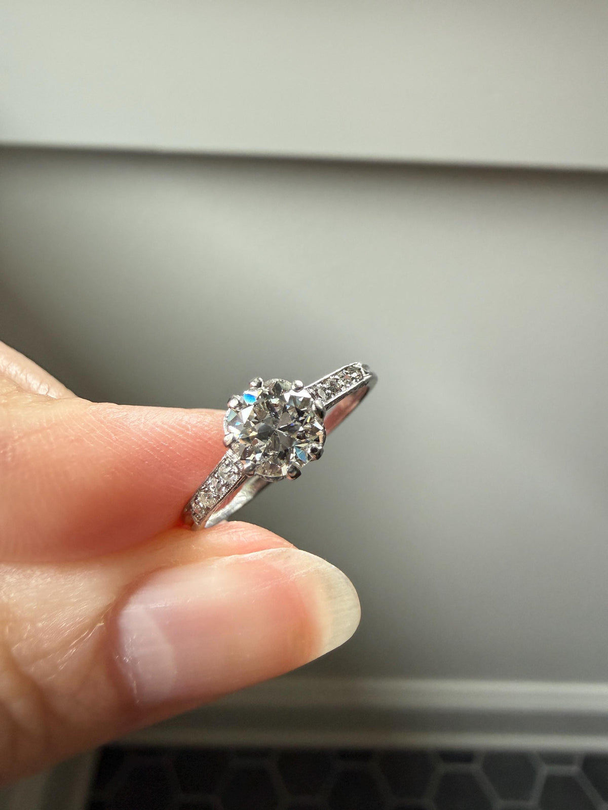 Vintage 0.88 Carat Transitional Cut Natural DIAMOND Ring 1Ctw French Platinum Solitaire w Accents Art Deco Engraved Stacker Band Engagement