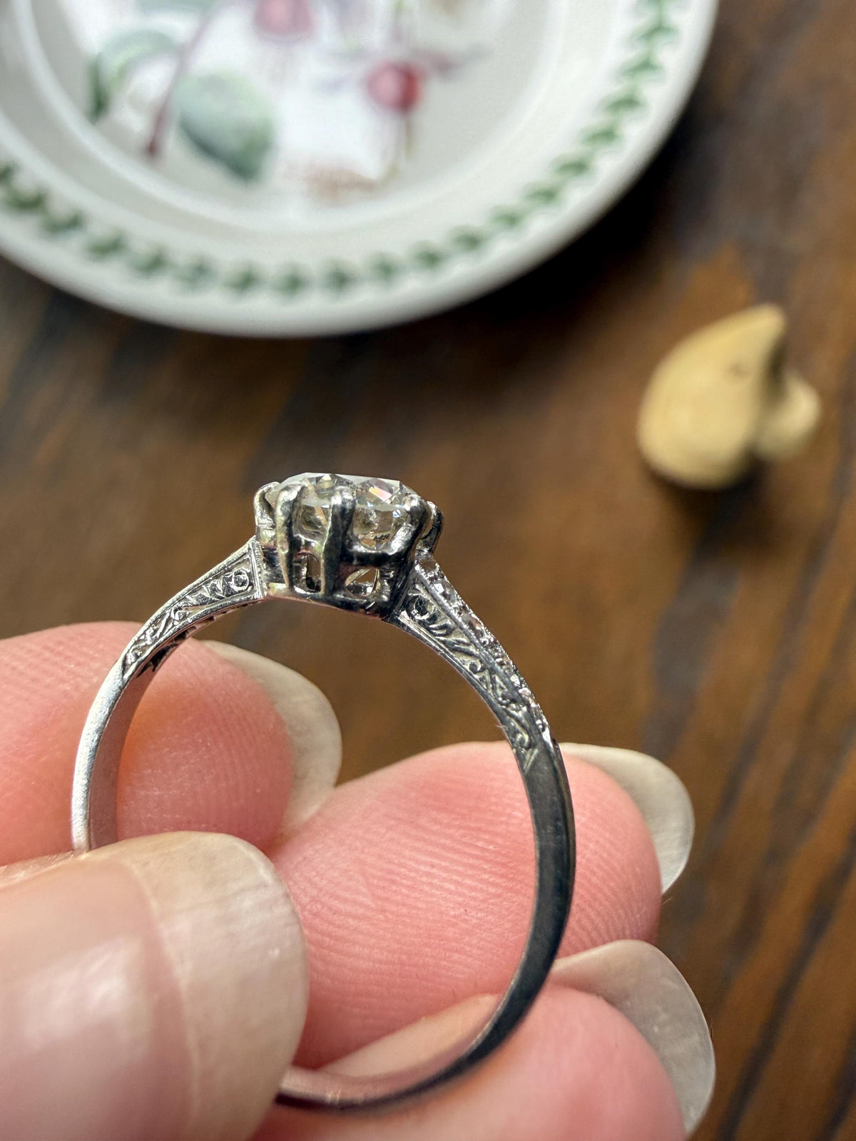 Vintage 0.88 Carat Transitional Cut Natural DIAMOND Ring 1Ctw French Platinum Solitaire w Accents Art Deco Engraved Stacker Band Engagement