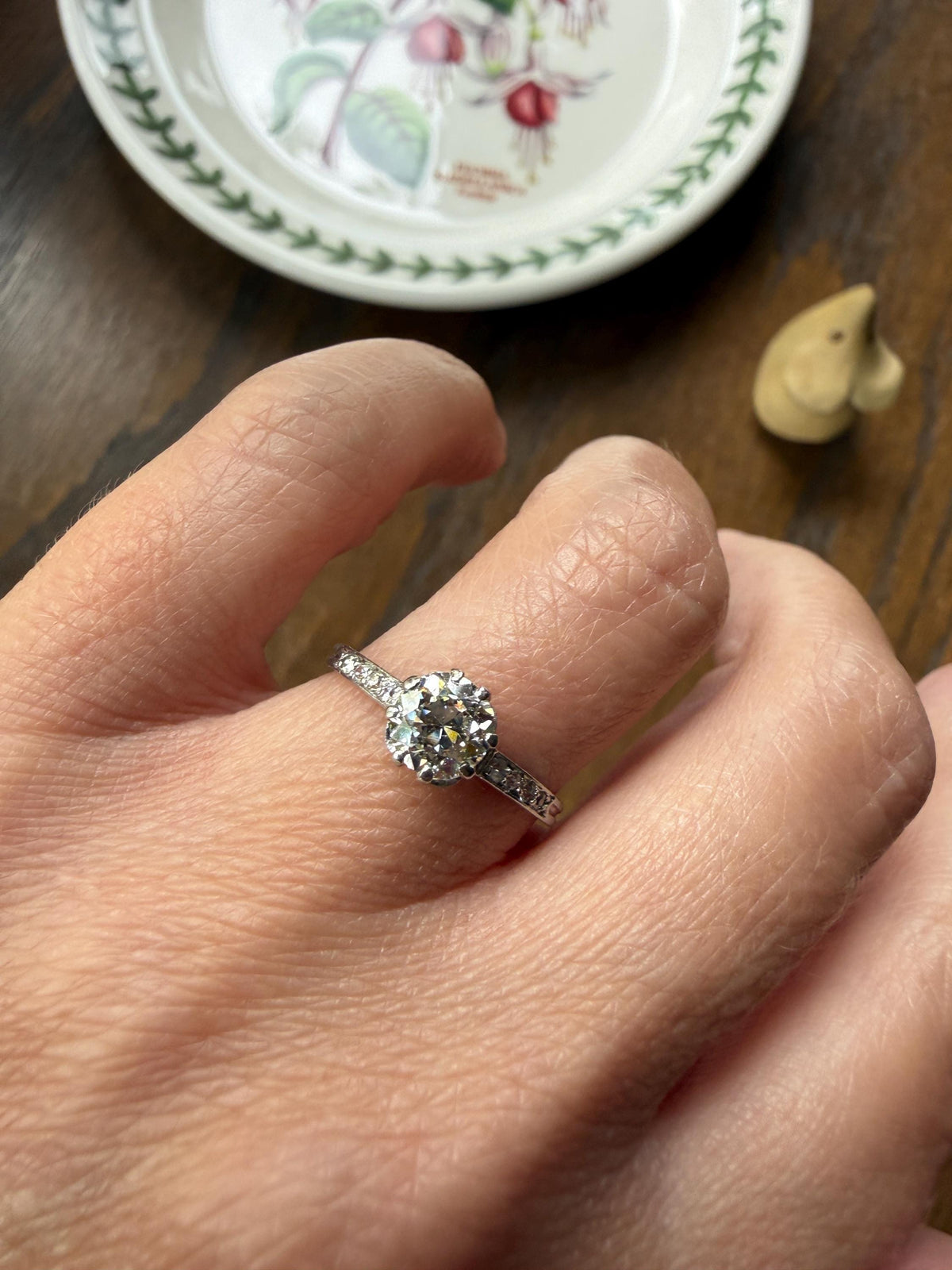 Vintage 0.88 Carat Transitional Cut Natural DIAMOND Ring 1Ctw French Platinum Solitaire w Accents Art Deco Engraved Stacker Band Engagement