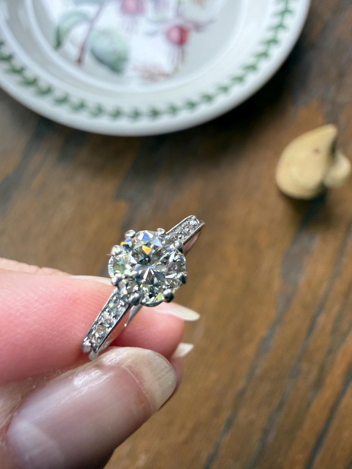 Vintage 0.88 Carat Transitional Cut Natural DIAMOND Ring 1Ctw French Platinum Solitaire w Accents Art Deco Engraved Stacker Band Engagement