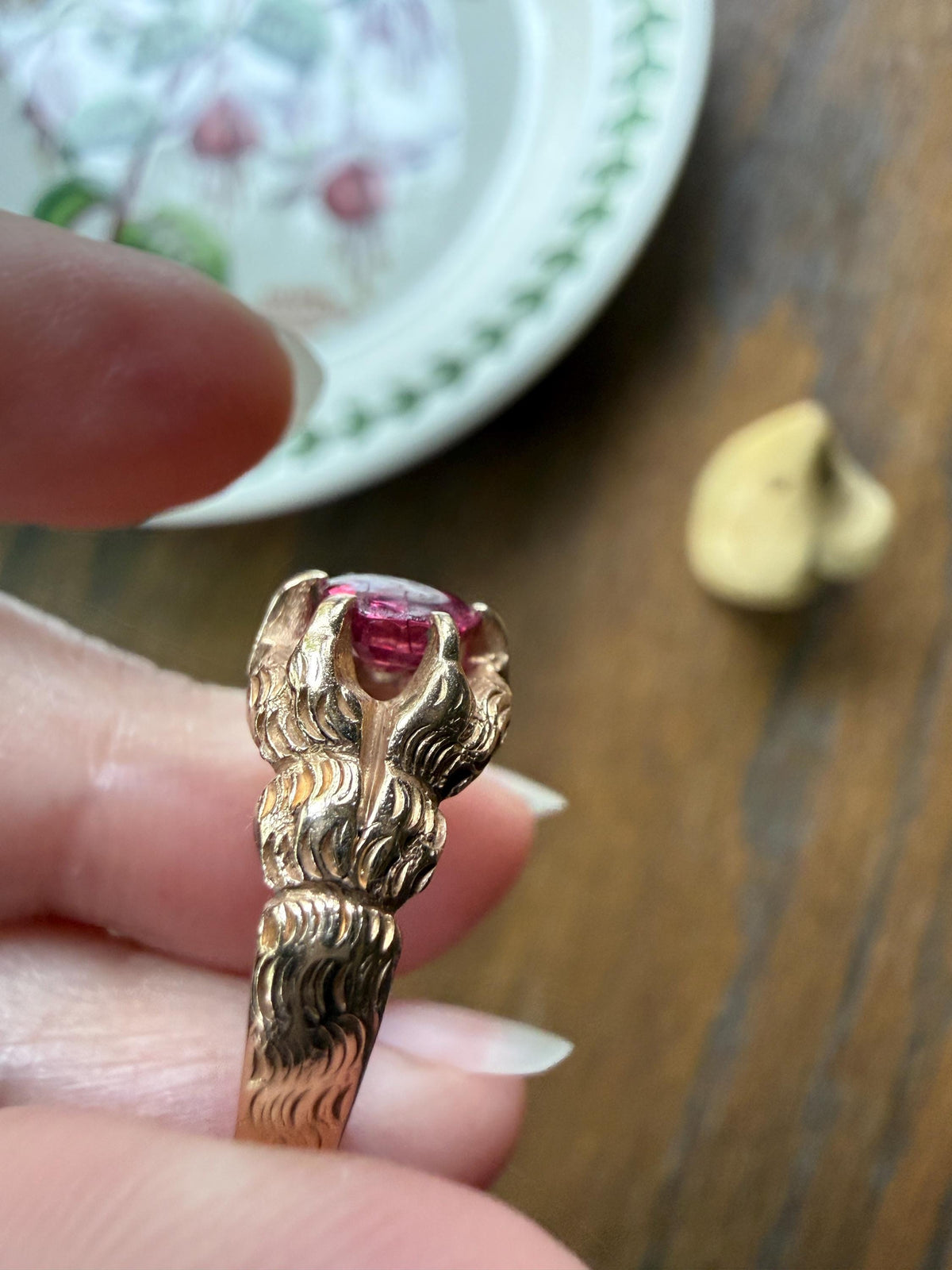 LION Claw Paw Shoulders Juicy Natural Ruby Chunky Ring 10k Gold Victorian Figural Unique Gift 3D Glowing Pinkish Red Orb Animal Jewelry