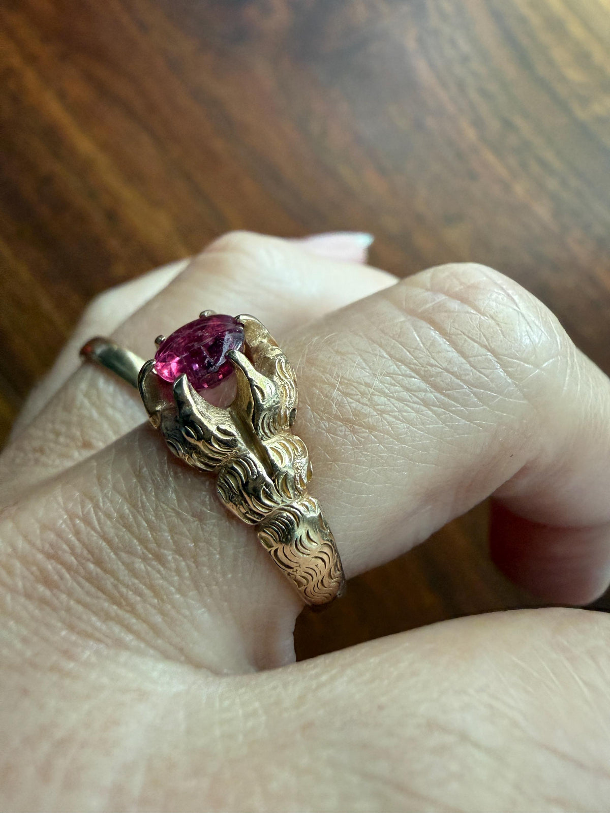 LION Claw Paw Shoulders Juicy Natural Ruby Chunky Ring 10k Gold Victorian Figural Unique Gift 3D Glowing Pinkish Red Orb Animal Jewelry