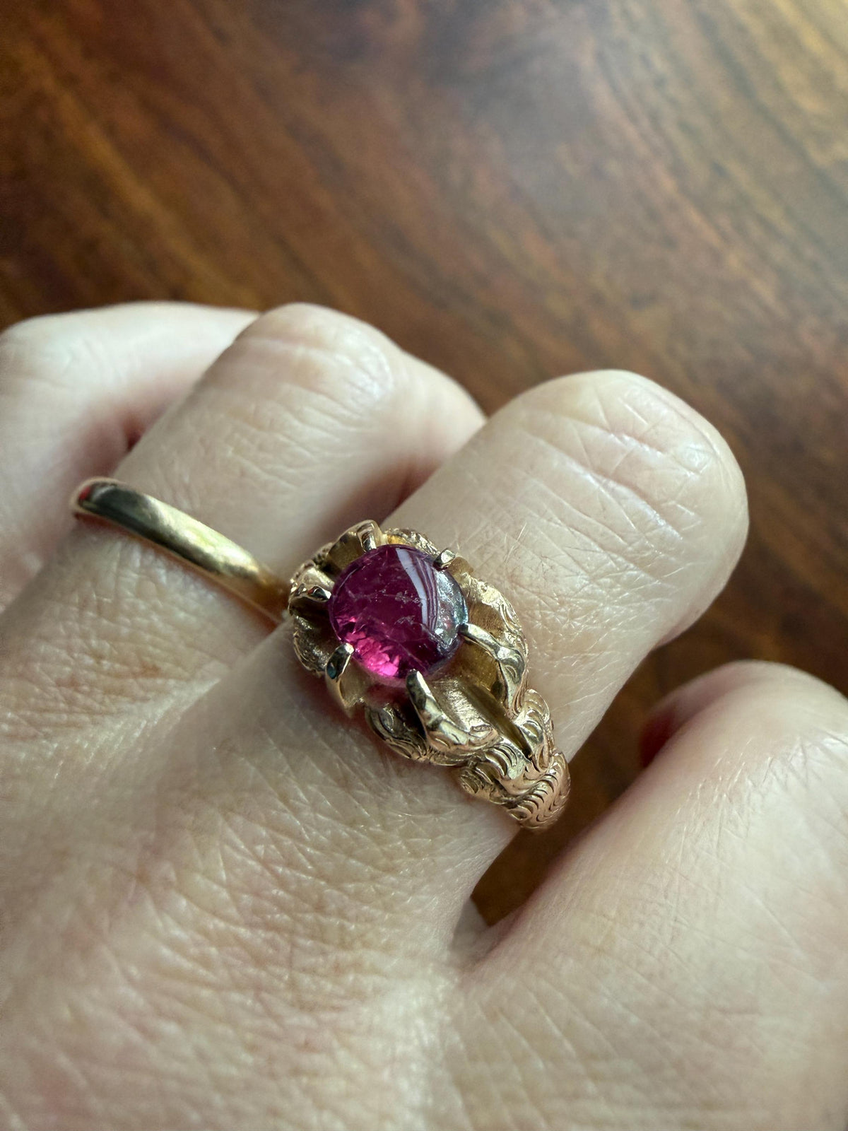 LION Claw Paw Shoulders Juicy Natural Ruby Chunky Ring 10k Gold Victorian Figural Unique Gift 3D Glowing Pinkish Red Orb Animal Jewelry