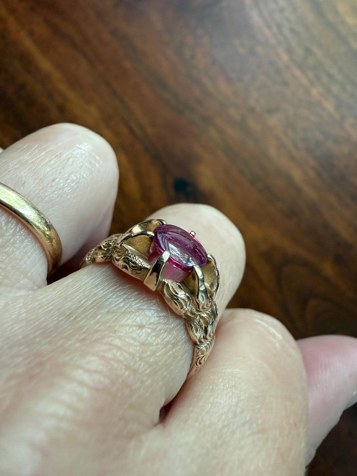 LION Claw Paw Shoulders Juicy Natural Ruby Chunky Ring 10k Gold Victorian Figural Unique Gift 3D Glowing Pinkish Red Orb Animal Jewelry