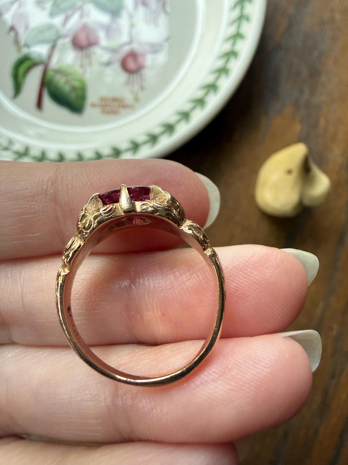 LION Claw Paw Shoulders Juicy Natural Ruby Chunky Ring 10k Gold Victorian Figural Unique Gift 3D Glowing Pinkish Red Orb Animal Jewelry