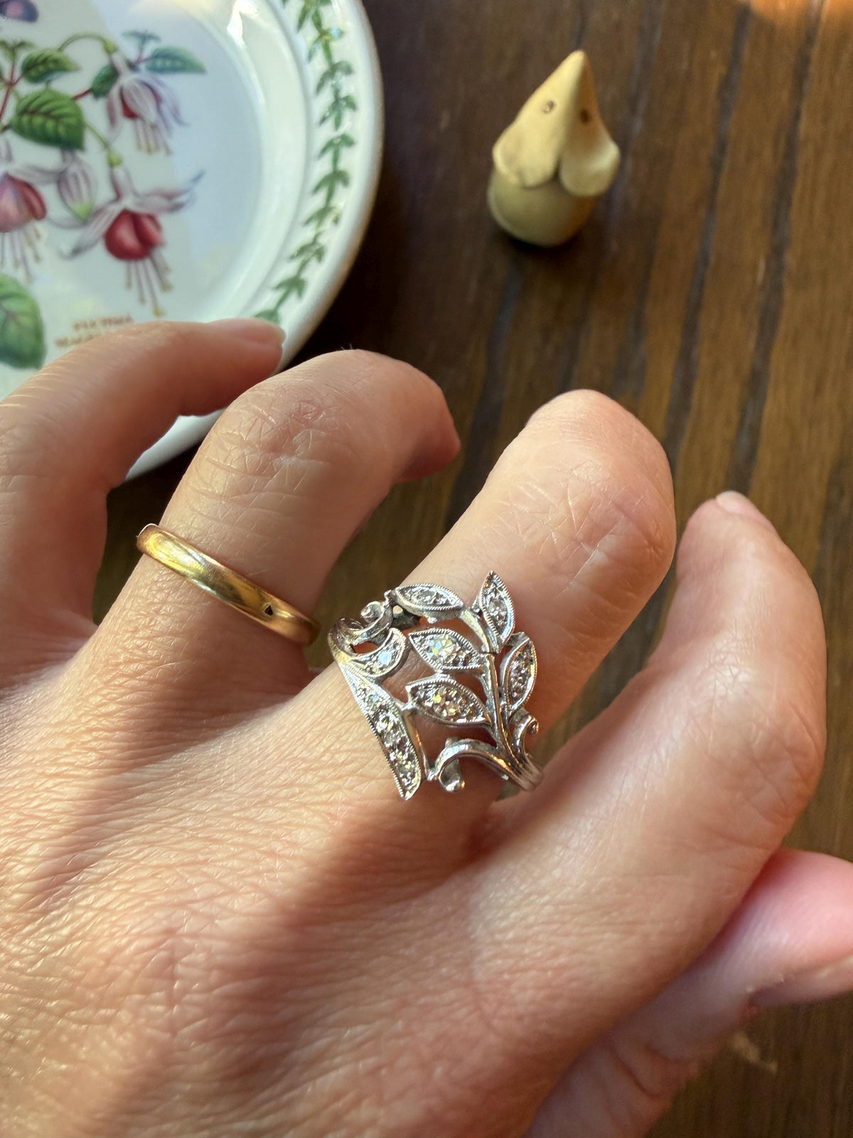 Vintage Art Deco Old Single Cut Diamond LEAF Ring 14k White Gold Ornate Scrolled Bypass Band Figural Stacker