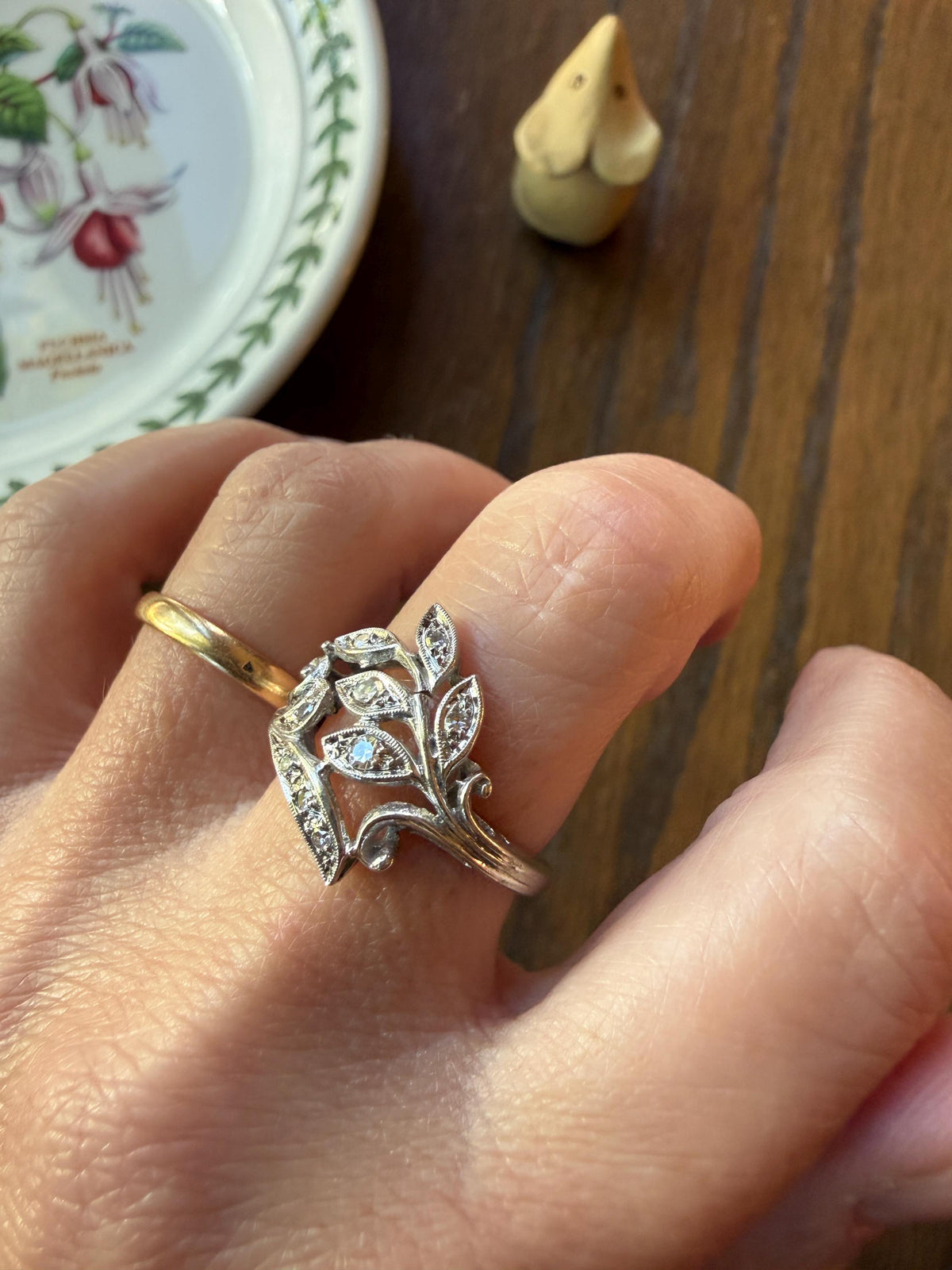 Vintage Art Deco Old Single Cut Diamond LEAF Ring 14k White Gold Ornate Scrolled Bypass Band Figural Stacker