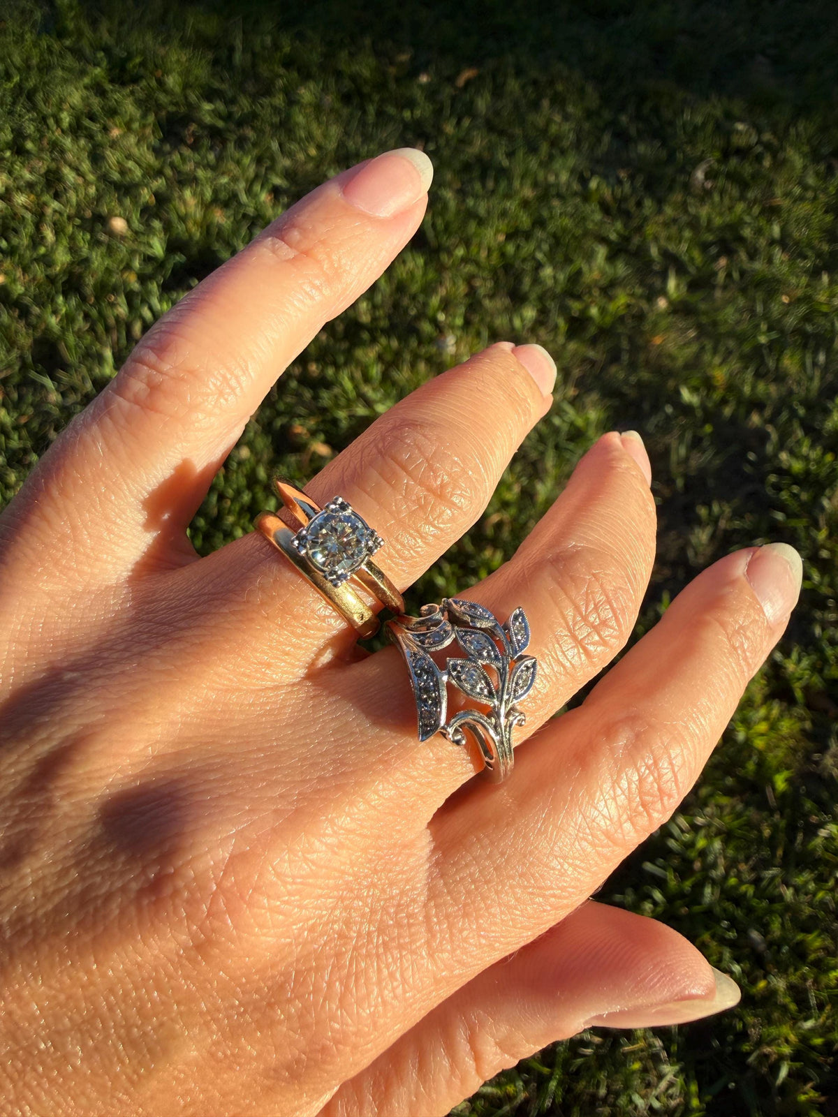 Vintage Art Deco Old Single Cut Diamond LEAF Ring 14k White Gold Ornate Scrolled Bypass Band Figural Stacker