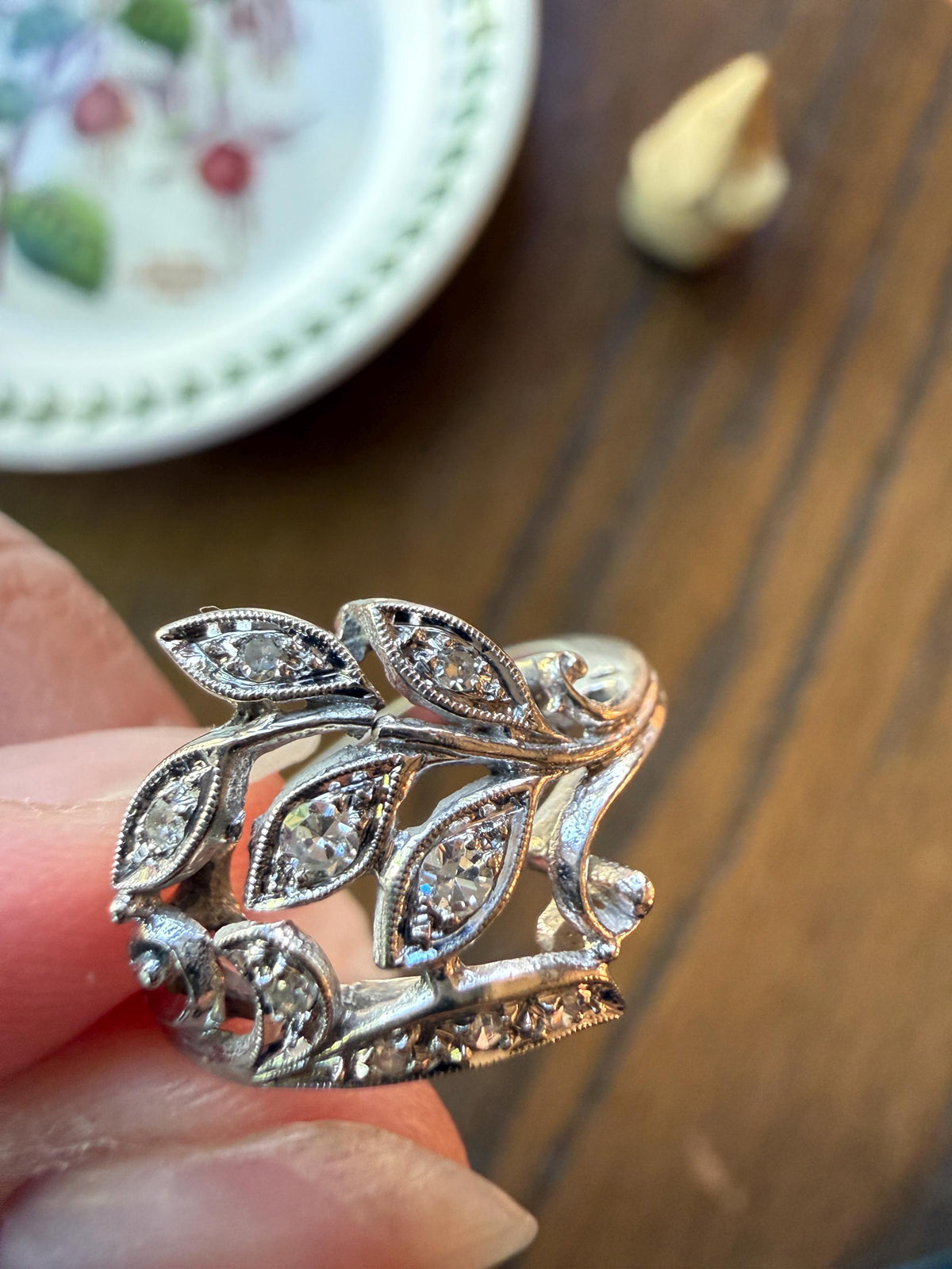 Vintage Art Deco Old Single Cut Diamond LEAF Ring 14k White Gold Ornate Scrolled Bypass Band Figural Stacker