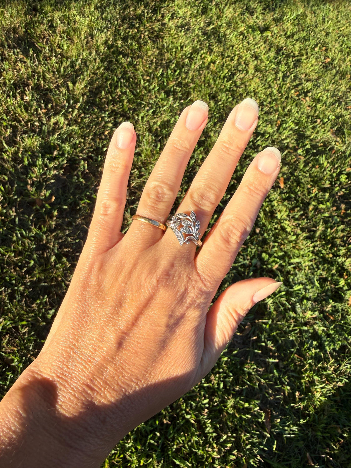 Vintage Art Deco Old Single Cut Diamond LEAF Ring 14k White Gold Ornate Scrolled Bypass Band Figural Stacker
