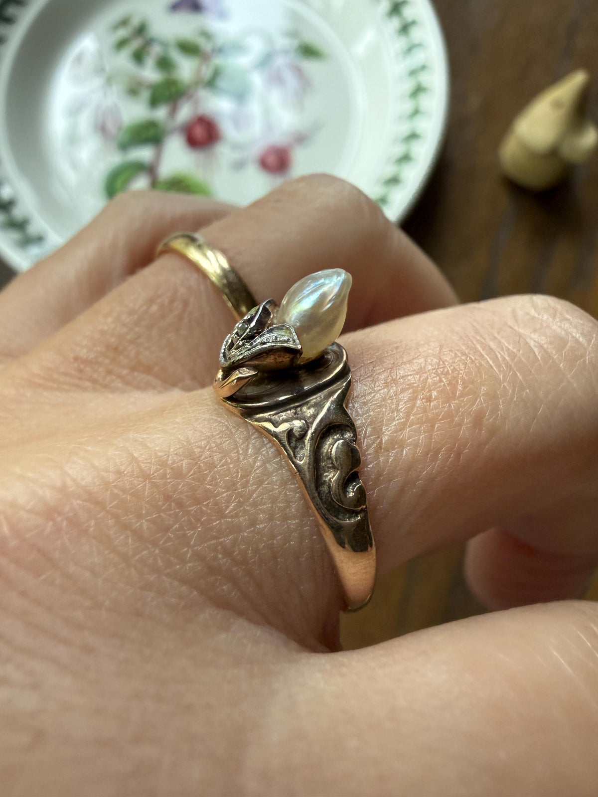 Antique Signet Figural 3D Floral Ring Baroque Pearl Old Mine Cut Diamond 10k Gold Ornate Flower Bud Scrolled Stacker Band