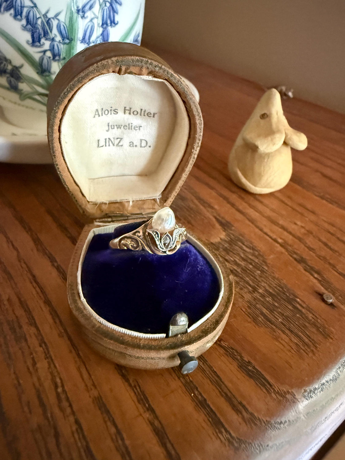 Antique Signet Figural 3D Floral Ring Baroque Pearl Old Mine Cut Diamond 10k Gold Ornate Flower Bud Scrolled Stacker Band