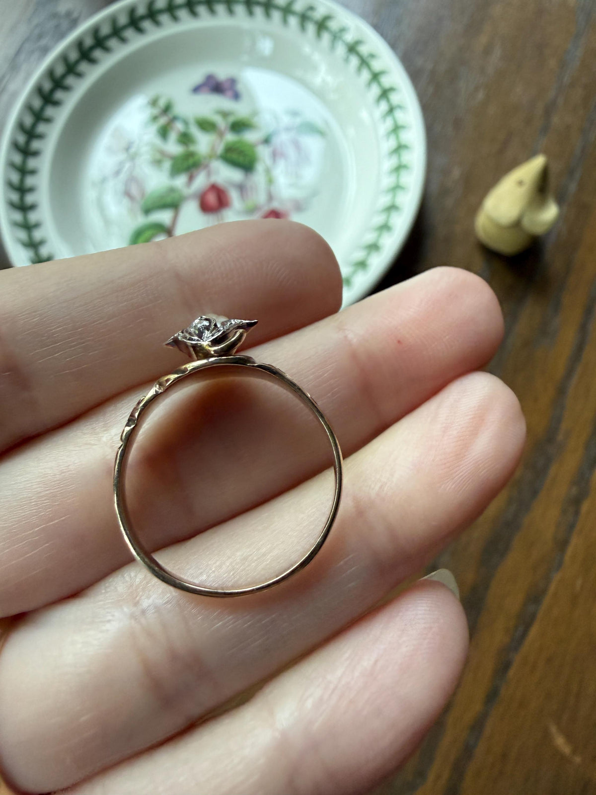 Antique Signet Figural 3D Floral Ring Baroque Pearl Old Mine Cut Diamond 10k Gold Ornate Flower Bud Scrolled Stacker Band