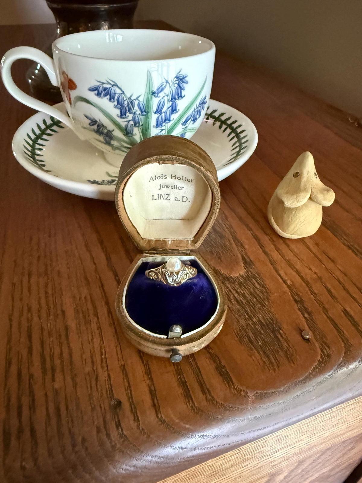 Antique Signet Figural 3D Floral Ring Baroque Pearl Old Mine Cut Diamond 10k Gold Ornate Flower Bud Scrolled Stacker Band